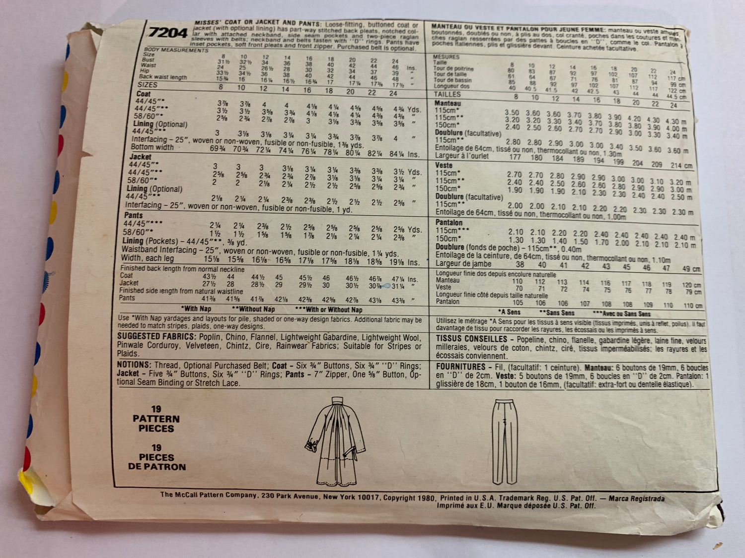 McCall's Sewing Pattern 7204 Misses' Jacket, Coat, Pants, Loose-Fitting, Pleats, Long Raglan Sleeves, Size 22, Uncut, Vintage 1980