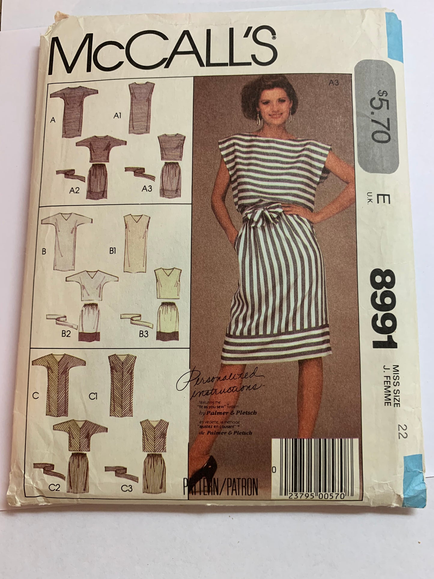 McCall's Stitch 'N Save Sewing Pattern 8991 Misses' Dress, Top, Skirt, Tie Belt, Pullover, Sleeveless, Dolaman Sleeves, Elastic Waist, Size 22, Uncut, Vintage 1984