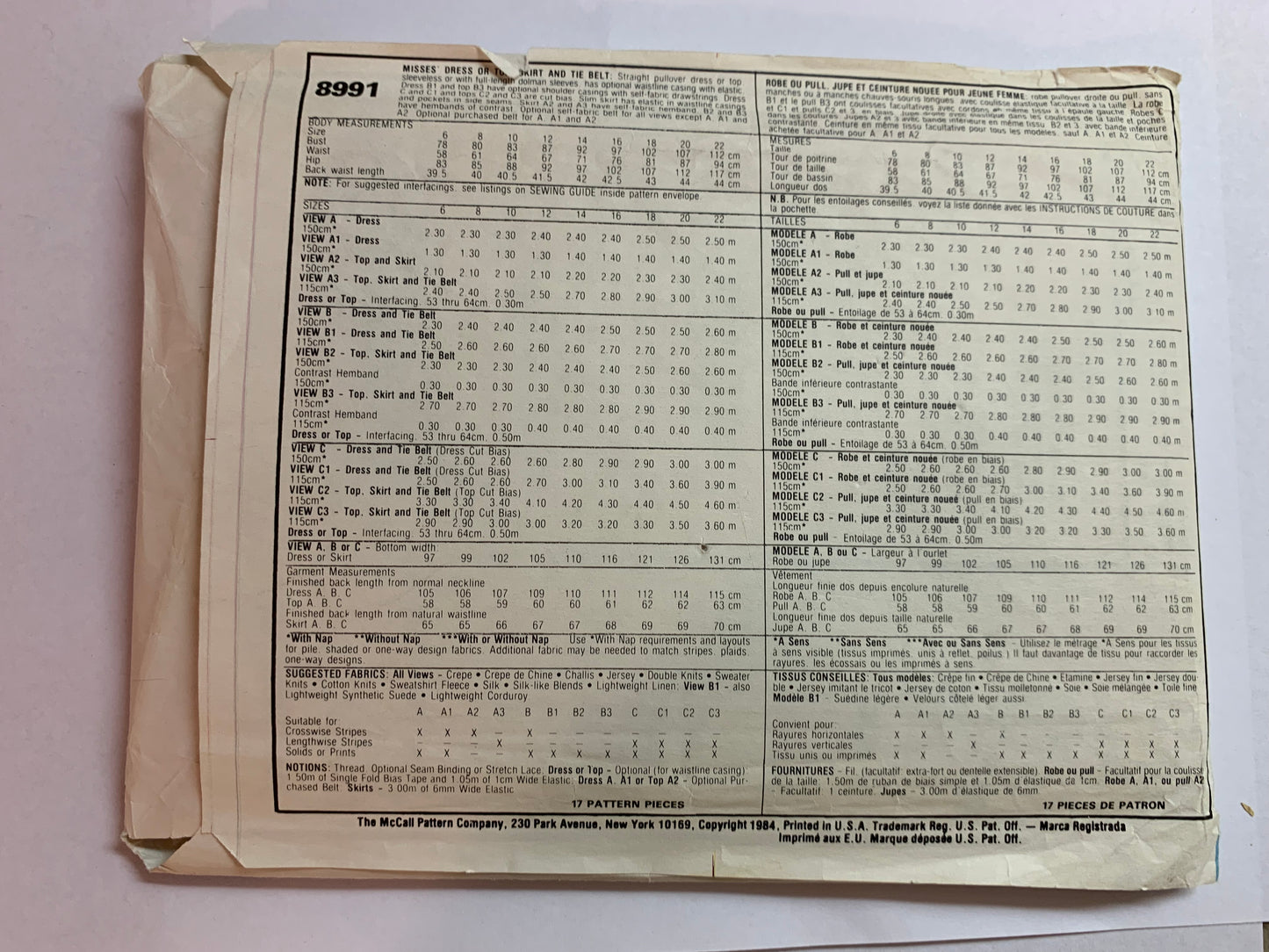 McCall's Stitch 'N Save Sewing Pattern 8991 Misses' Dress, Top, Skirt, Tie Belt, Pullover, Sleeveless, Dolaman Sleeves, Elastic Waist, Size 22, Uncut, Vintage 1984