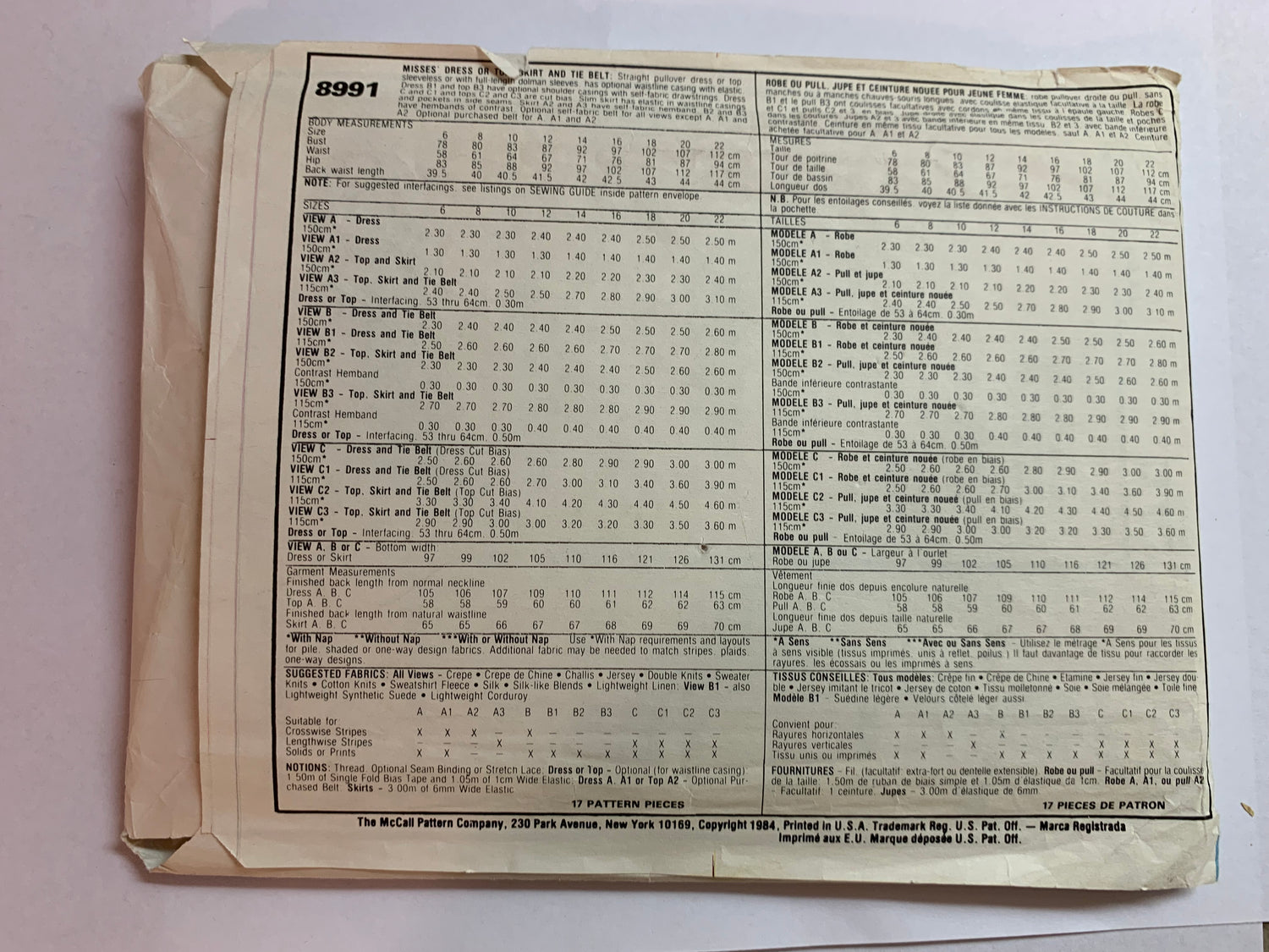 McCall's Stitch 'N Save Sewing Pattern 8991 Misses' Dress, Top, Skirt, Tie Belt, Pullover, Sleeveless, Dolaman Sleeves, Elastic Waist, Size 22, Uncut, Vintage 1984