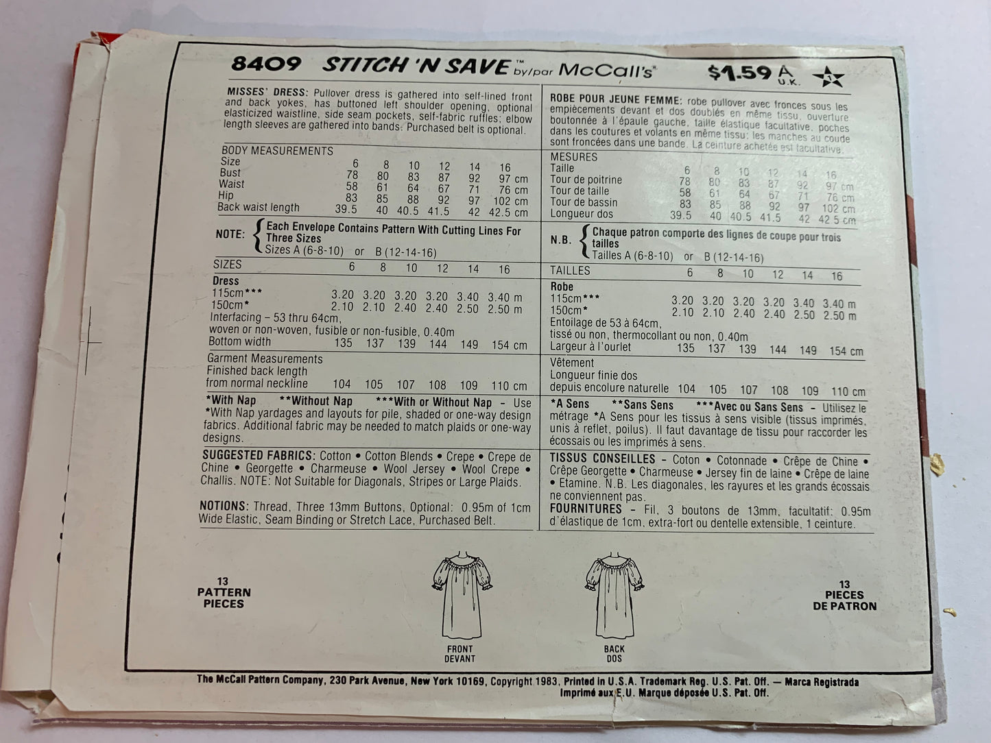 McCall's Sewing Pattern Stitch 'N Save 8409 Misses' Dresses, Loose-Fitting, Pullover, Elbow Sleeves, Pockets, Shoulder Button, Size 12-16, Uncut, 2008