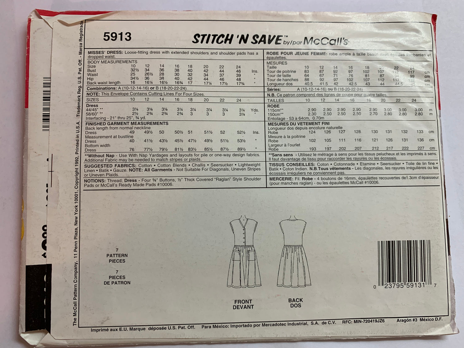 McCall's Stitch 'N Save Sewing Pattern 5913 Misses' Dress, Shoulder Pads, Dropped Waist, Button Front, Flared Skirt, Sleeveless, Loose-Fitting, Size 10-16, Uncut, Vintage 1992