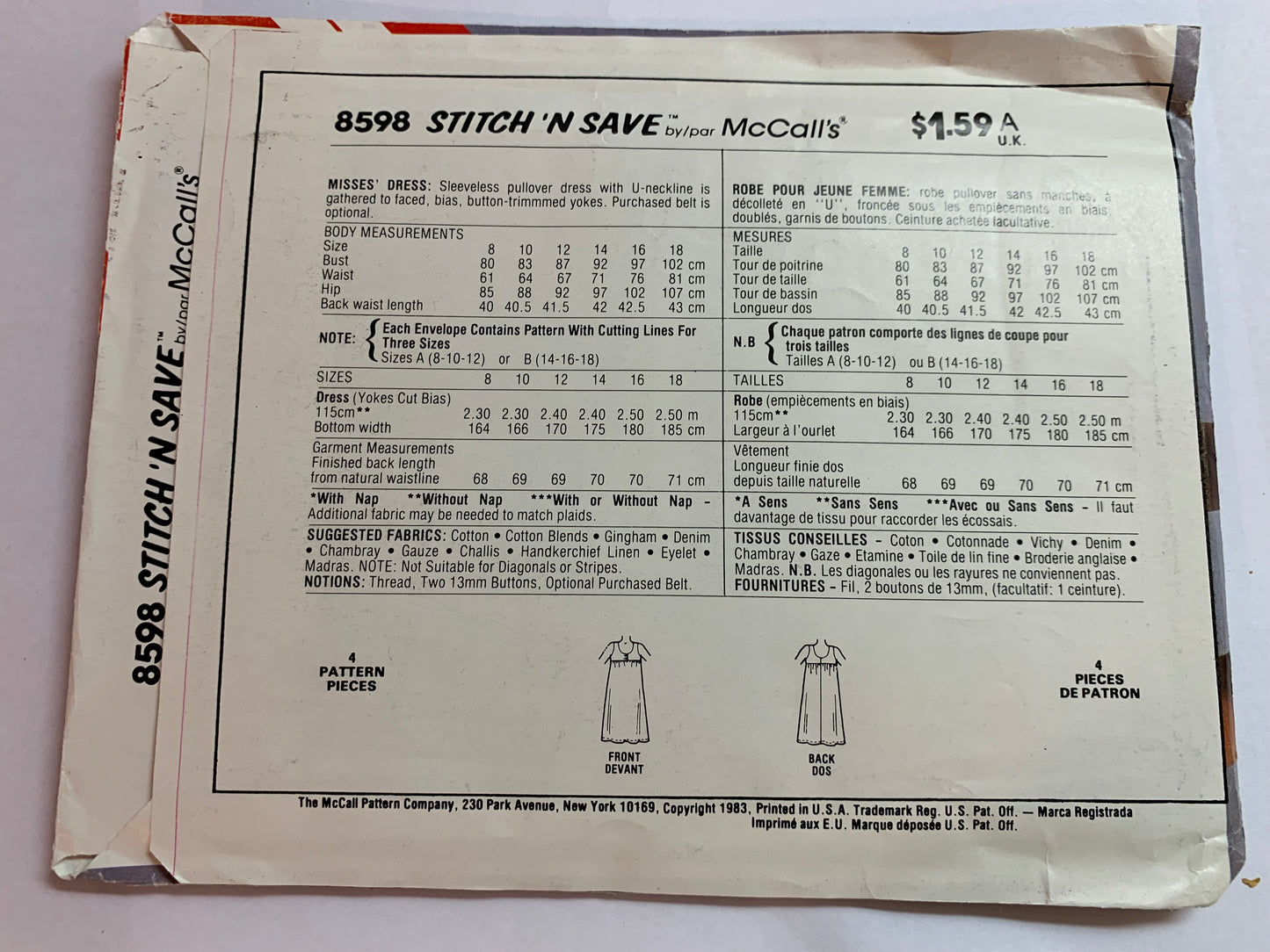 McCall's Stitch 'N Save Sewing Pattern 8598 Misses' Dress, Sleeveless, Loose-Fitting, Pullover, U Neckline, Size 14-18, Uncut, Vintage 1983