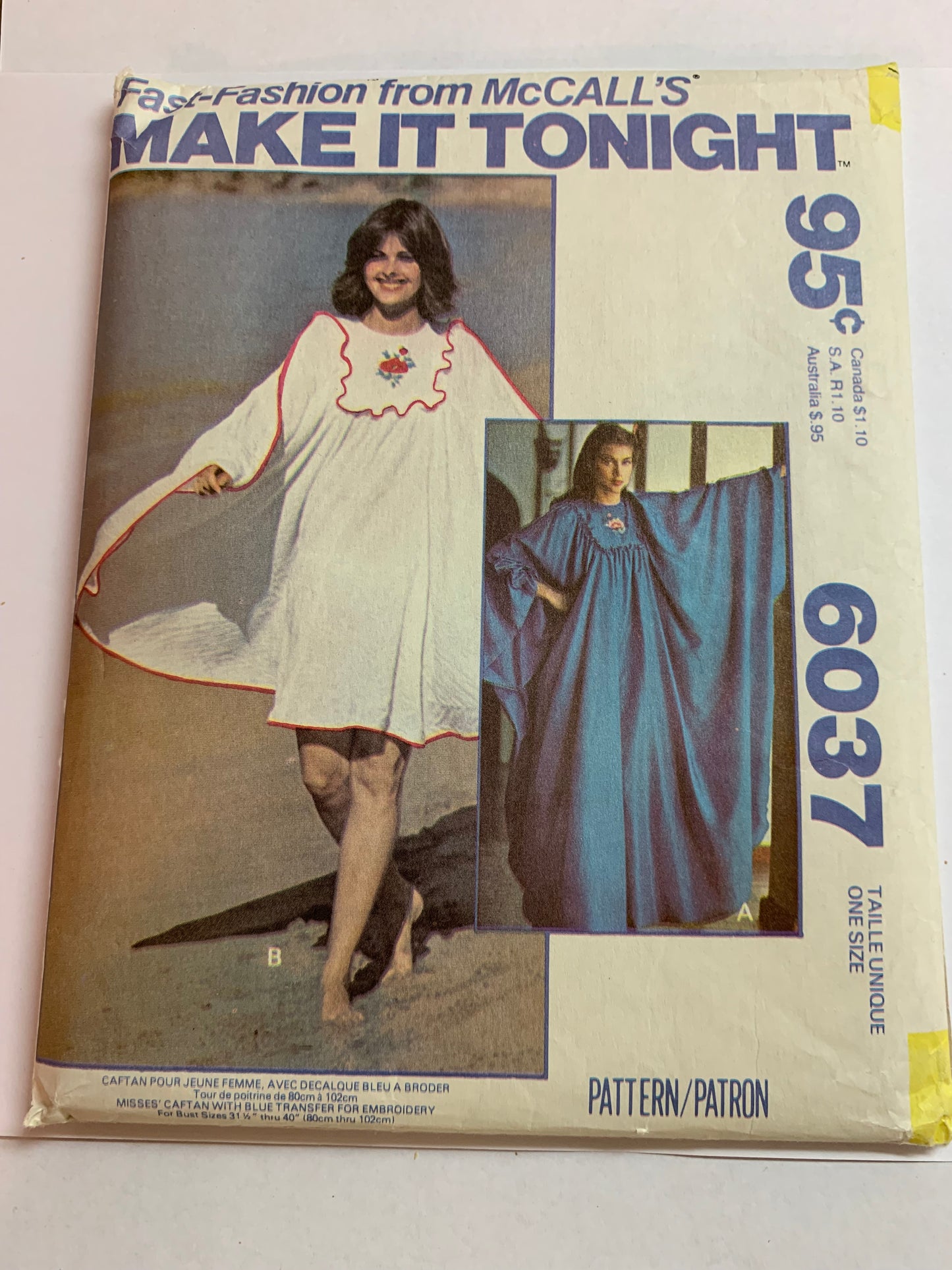 McCalls's Sewing Pattern 6037 Misses' Caftan, 2 Lengths, One Size, Pullover, Zipper Back, Embroidery, One Size, Uncut, Vintage 1978