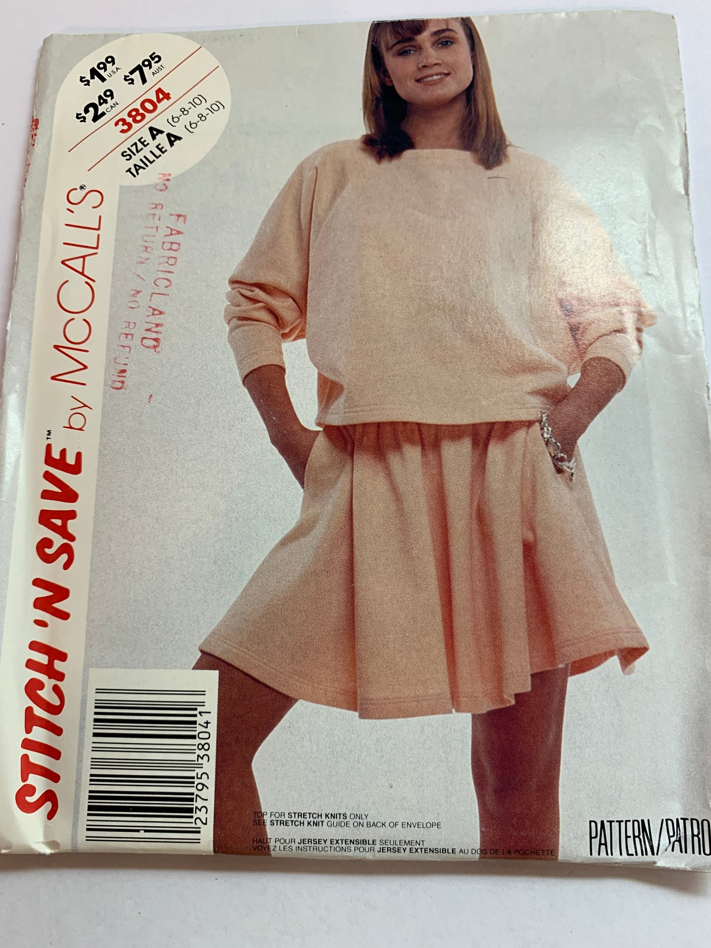 McCall's Sewing Pattern Stitch 'n Save 3804 Misses' Top, Skirt, Long Sleeves, Zipper Back, Shoulder Pads, Flared, Pockets, Size 6-10, Uncut, Vintage 1988