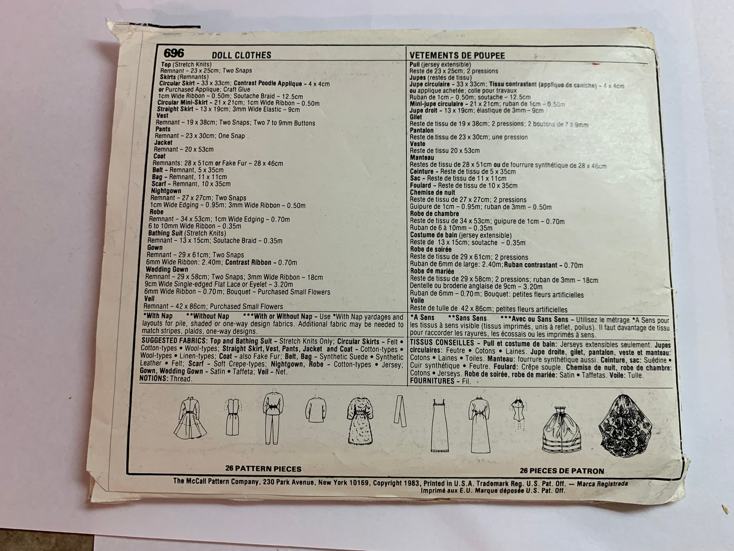 McCall's Sewing Pattern 696 Crafts, Doll Wardrobe, Brooke, Accessories, Clothes,, 11-12 Inch Doll, Dress, Pants, Bathing Suit, Coat, Jacket, Shawl, Uncut, Vintage 1983