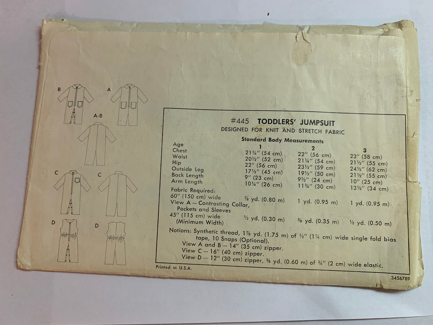 KWIK Sewing Pattern 445 Toddlers' Jumpsuit, Knit And Stretch Fabric, Pockets, Zipper, Snap Crotch, Size 1-3, Uncut, Vintage 1980