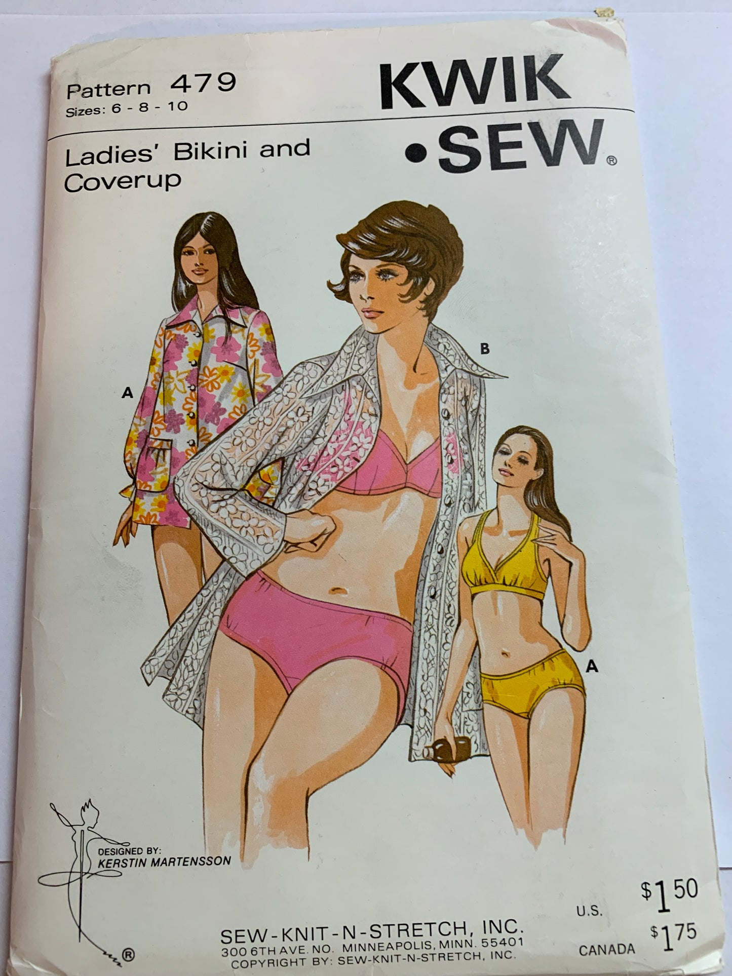 Kwik Sewing Pattern 479 Misses' Bikini Bathing Suit, Coverup, Two Piece, Swimsuit, Top, Bottom, Stretch Knit, Size 6-10, Uncut, Vintage 1989