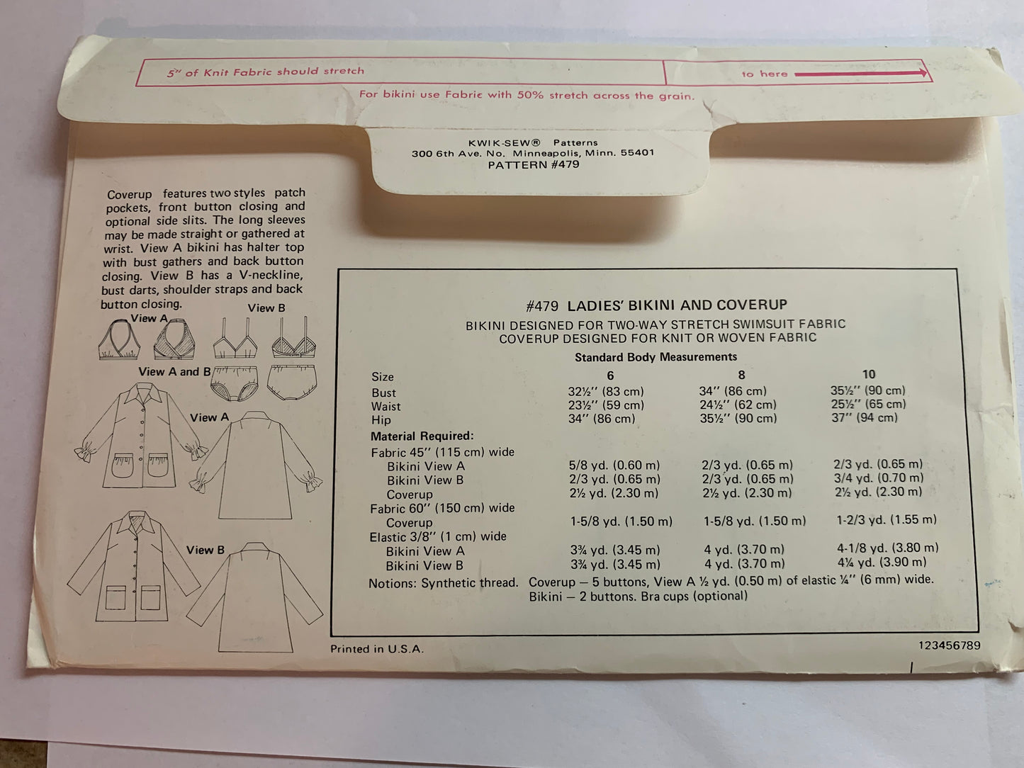 Kwik Sewing Pattern 479 Misses' Bikini Bathing Suit, Coverup, Two Piece, Swimsuit, Top, Bottom, Stretch Knit, Size 6-10, Uncut, Vintage 1989