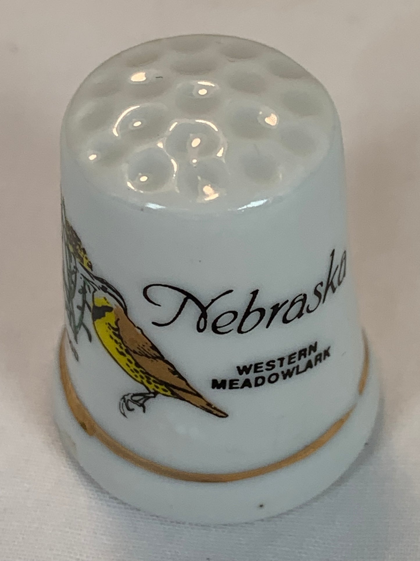 Thimble Souvenir, Gift, Western Meadowlark Bird, Goldenrod Flowers, Porcelain, Sewing Gold Trim