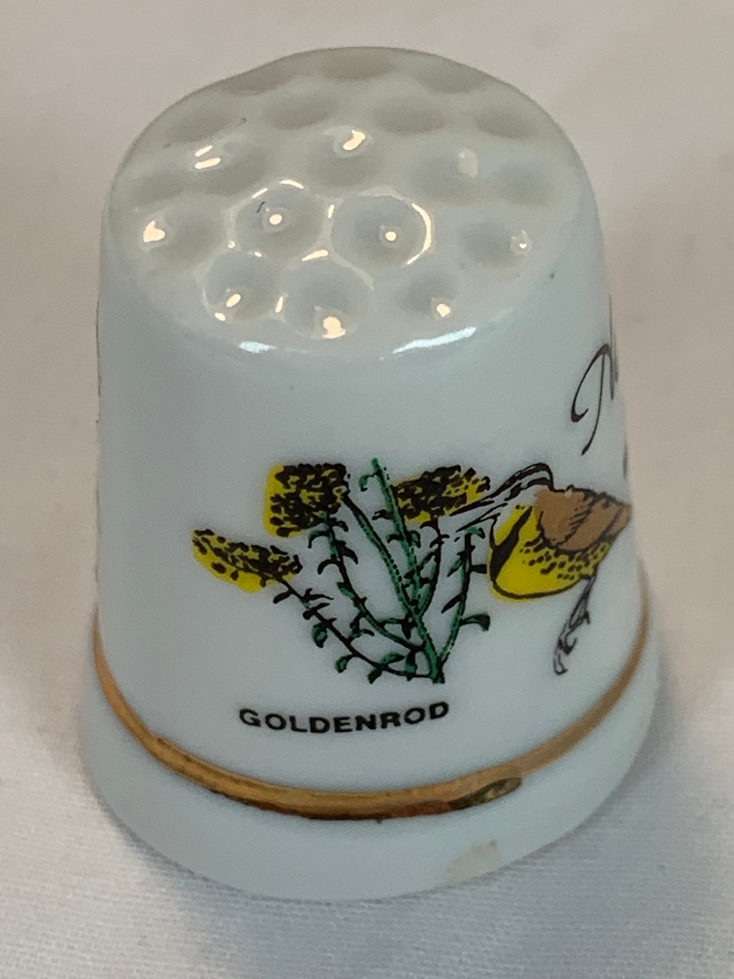 Thimble Souvenir, Gift, Western Meadowlark Bird, Goldenrod Flowers, Porcelain, Sewing Gold Trim