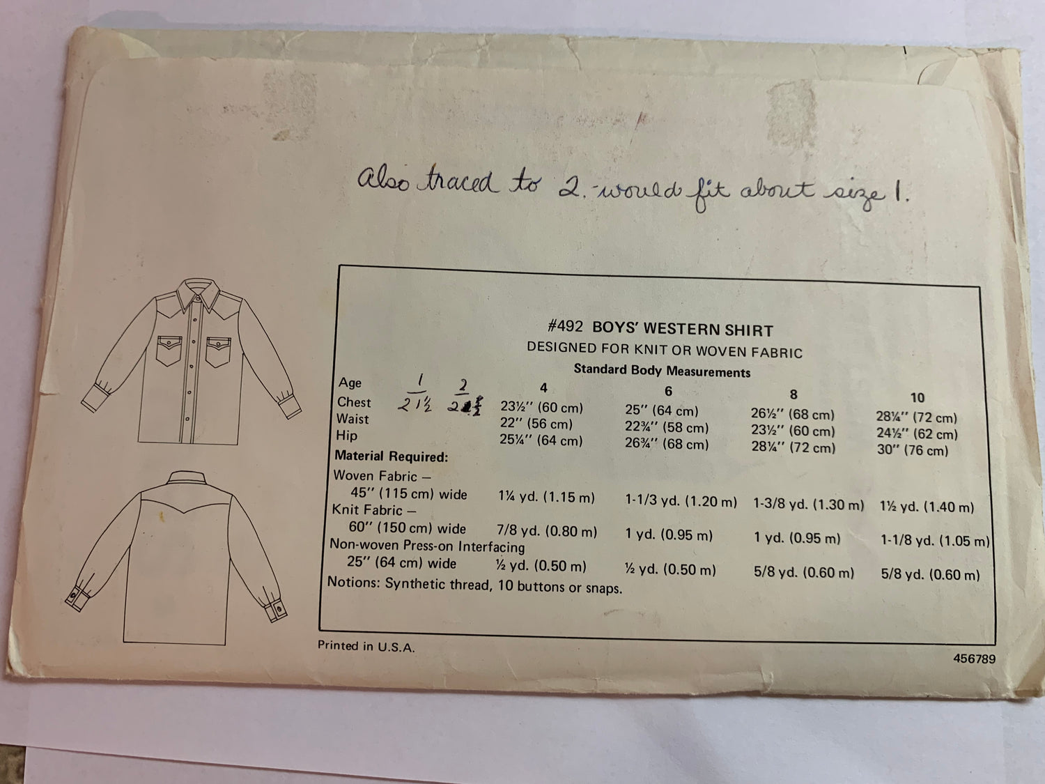 KWIK Sewing Pattern 492 Boy's Western Shirt, Long Sleeves, Collar, Cuffs, Pockets, Button/Snap Front, Uncut, Size 4-10, Vintage 1980