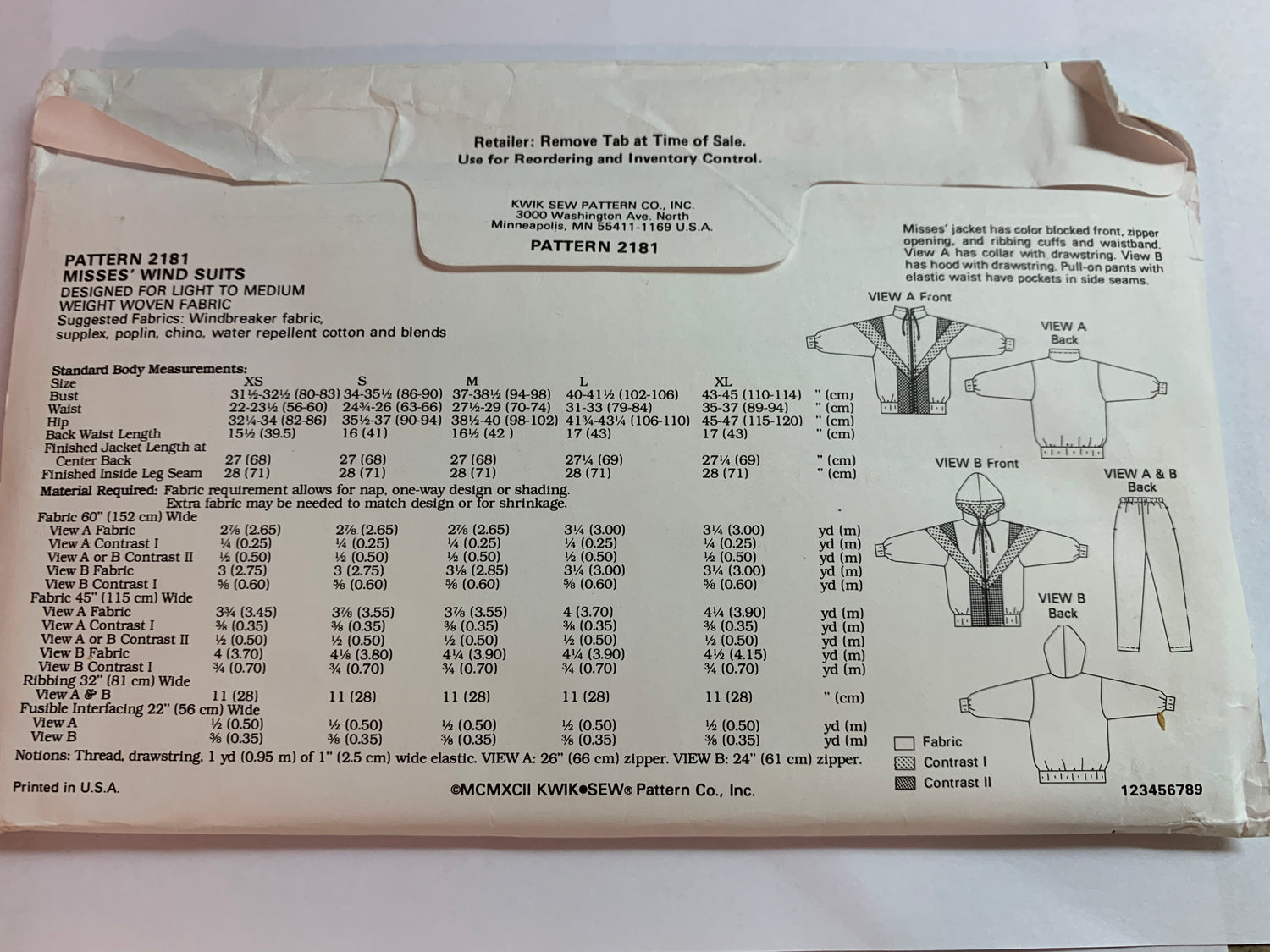 KWIK Sewing Pattern 2181 Misses' Pants, Hooded Jacket, Wind Suit, Pockets, Elastic Waist, Jogging Suit, Zipper Front, Size 31-45, Uncut Vintage 1992