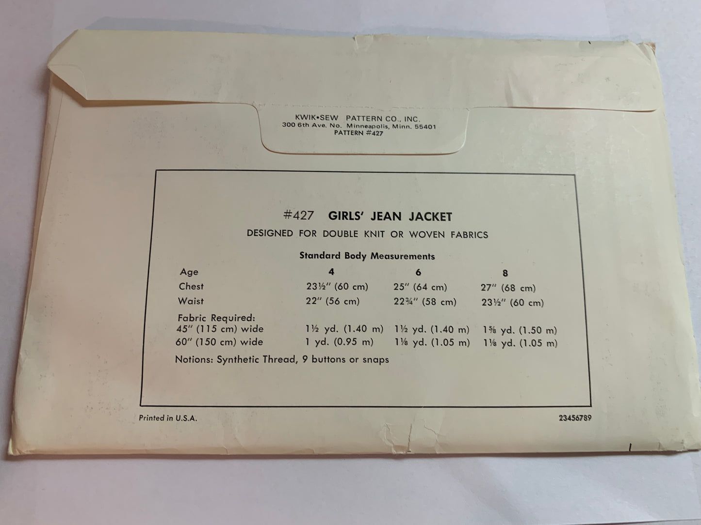 KWIK Sewing Pattern 427 Girls Jean Jacket, Snap/Button Closure, Long Sleeves, Cuffs, Uncut, Size 4-8, Vintage 1980