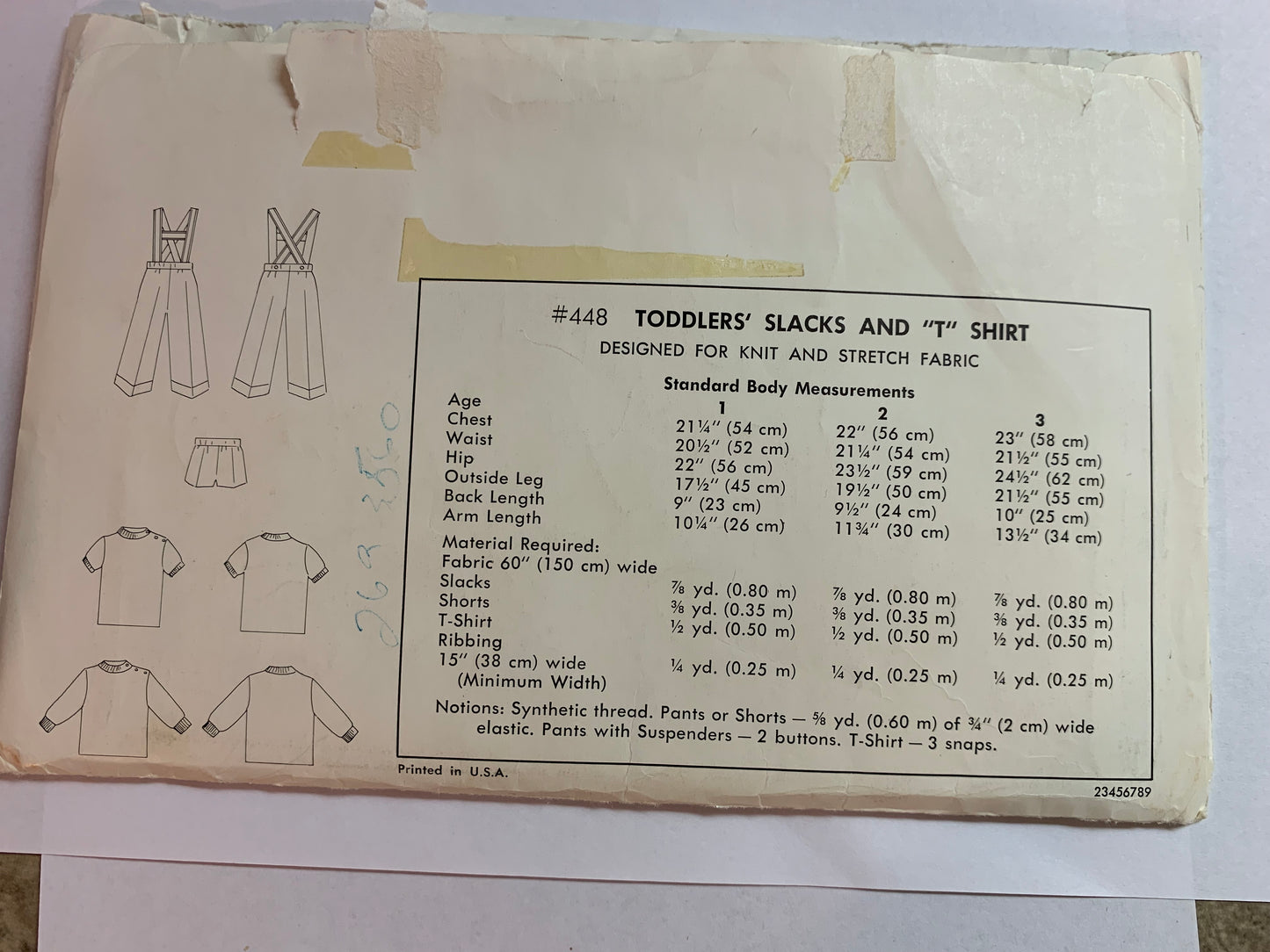 KWIK Sewing Pattern 448 Toddlers' T-Shirt, Pants, Shorts, Elastic Waist, Long/Short Sleeves, Pullover, Criss-Cross Straps, Pull-On, Uncut, Size 1-3, Uncut, Vintage 1980