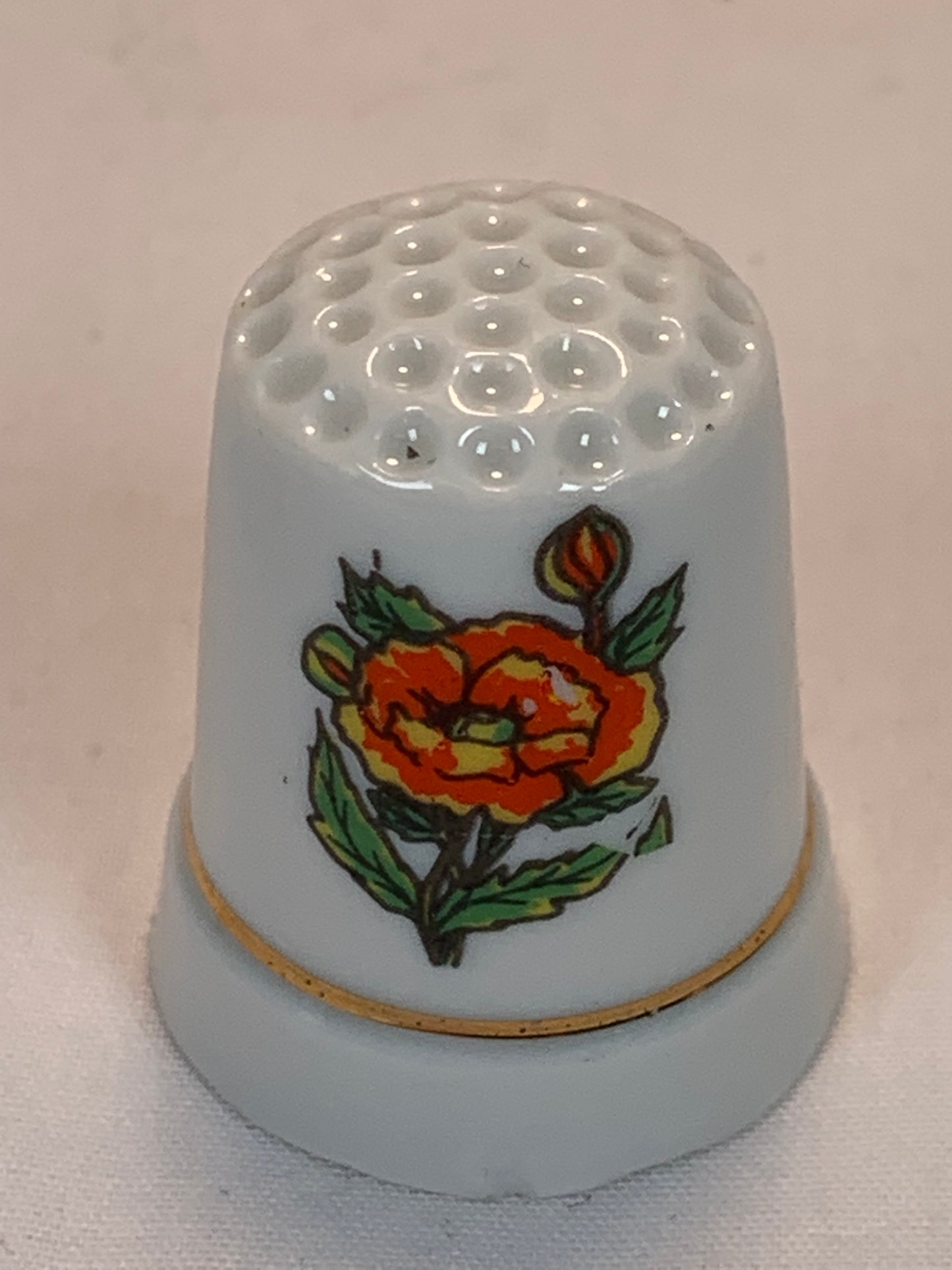 Thimble Souvenir, Gift, Orange Flowers, Porcelain, Sewing, Gold Trim