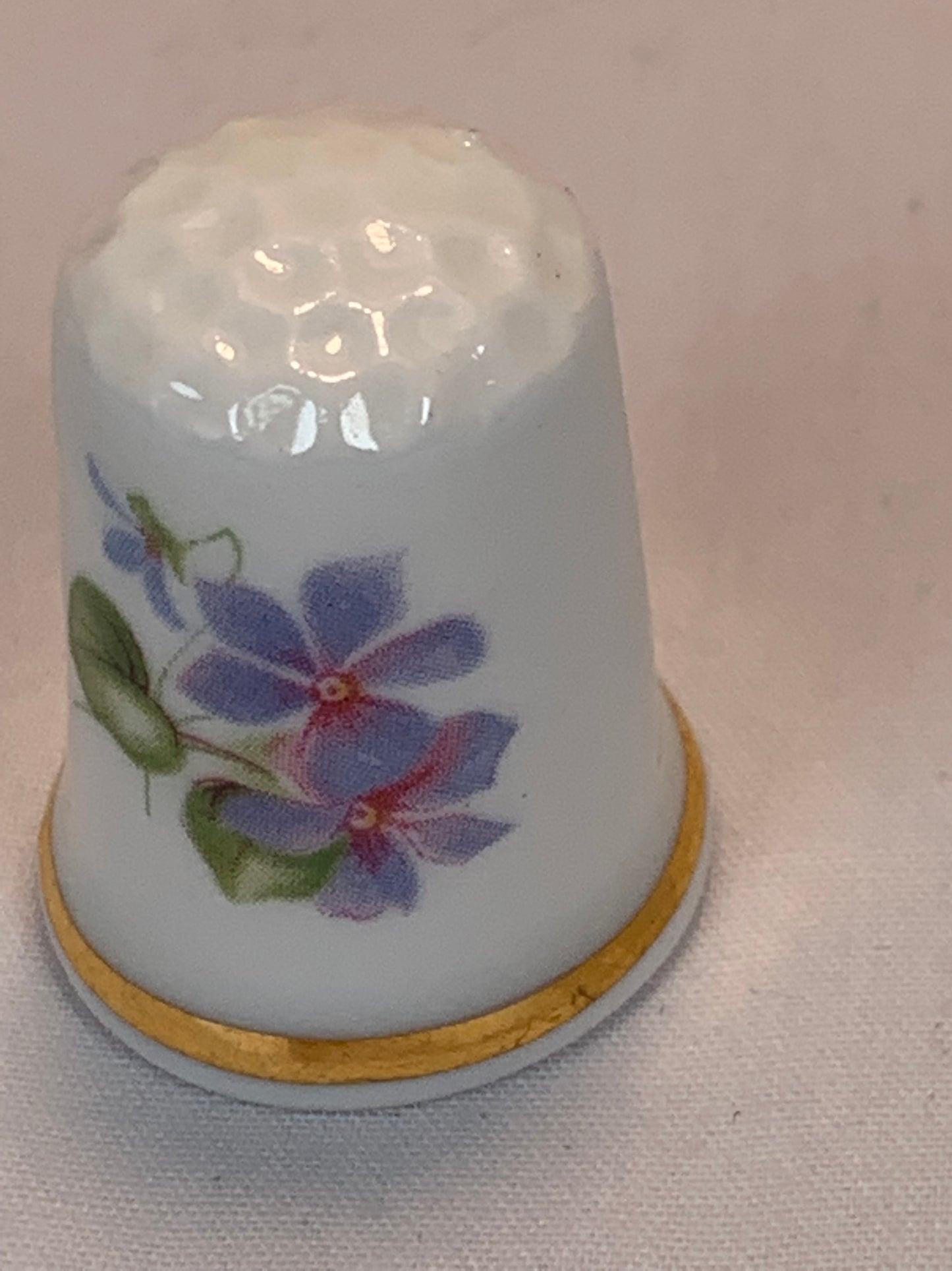 Thimble Souvenir, Gift, Blue Flowers, Porcelain, Sewing, Gold Trim