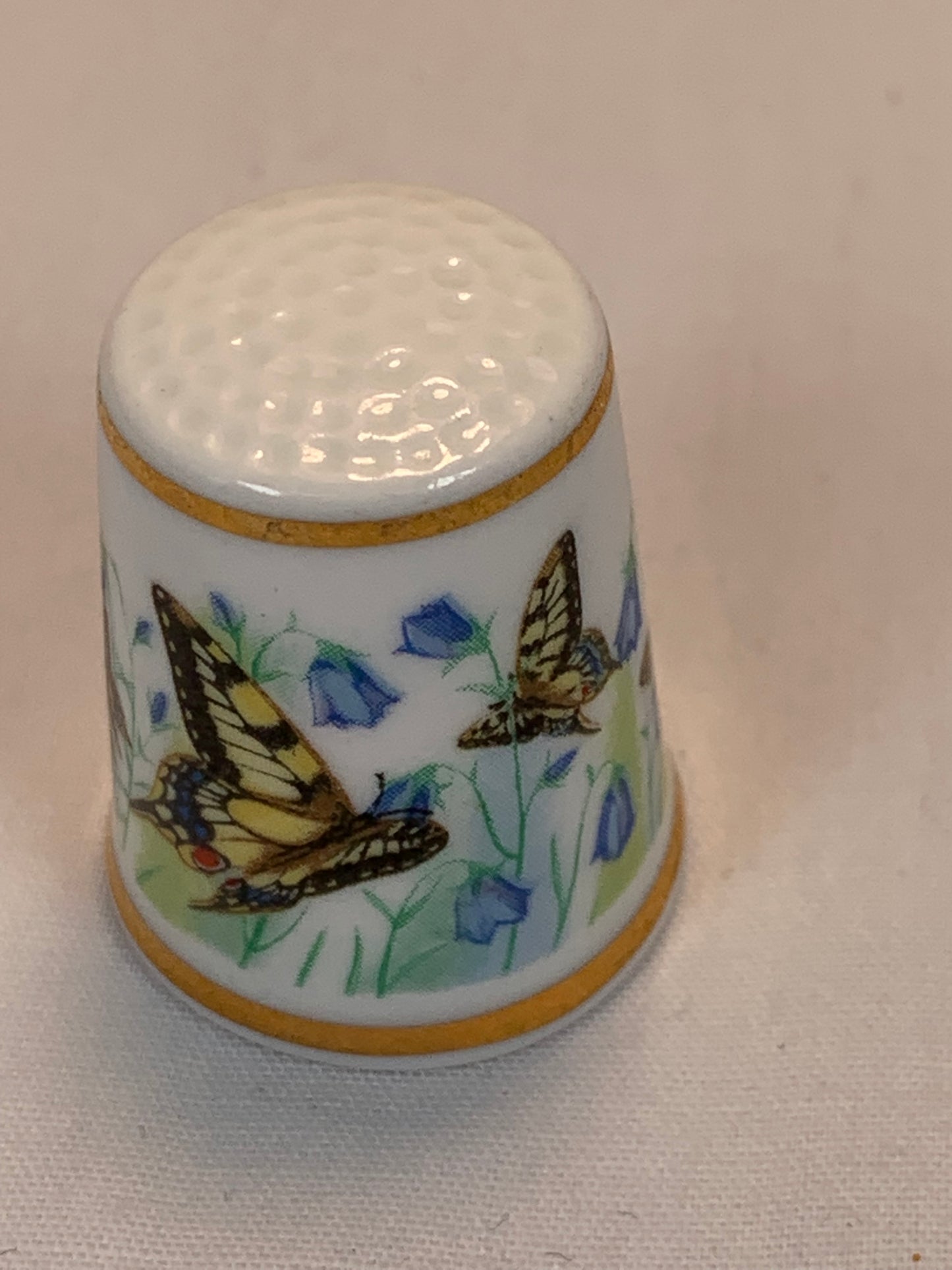 Thimble Souvenir, Gift, Yellow, Black Butterfly, Blue Flowers, Porcelain, Sewing, Gold Trim