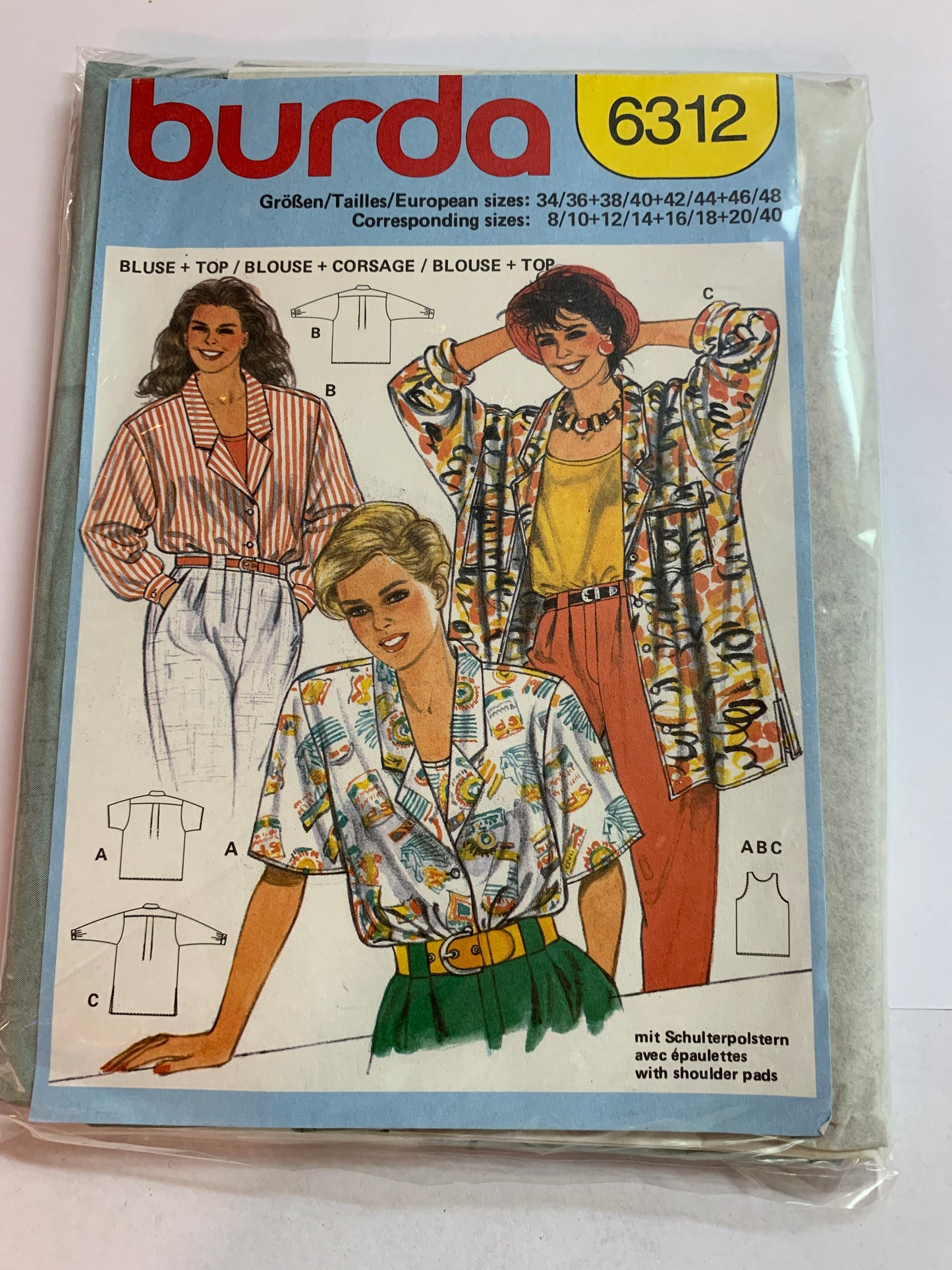 Burda Sewing Pattern 6312 Misses' Blouse, Top, Button Front, Collar, 3 Variations, Loose-Fittingd, Long/Short Sleeves, Shoulder Pads, Size 8-20, Cut, 2000