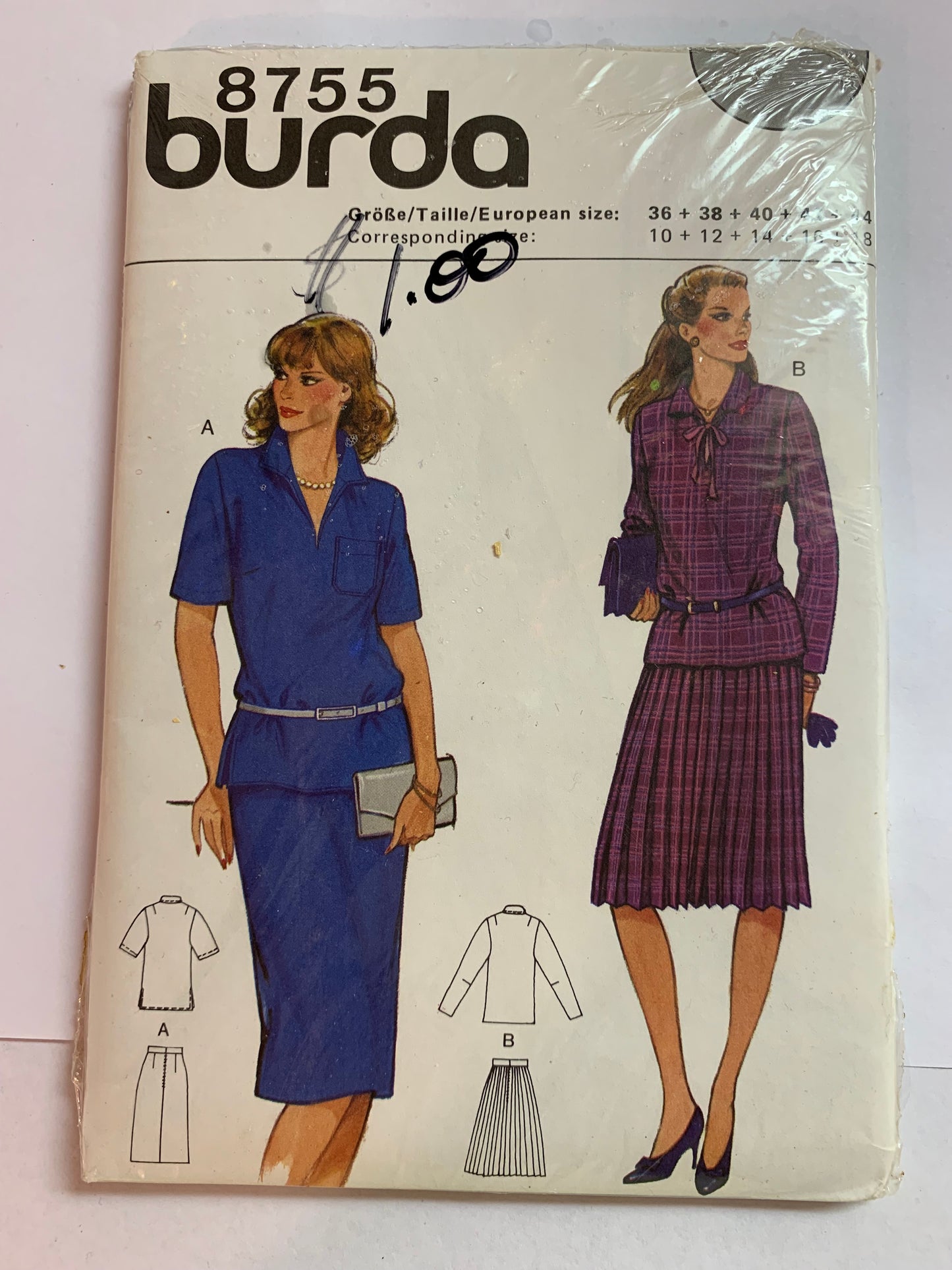 Burda Sewing Pattern 8755 Misses' Blouse, Top, Skirt, Pullover, Collar, 2 Variations, Semi-Fitted, Long/Short Sleeves, Size 10-18, Uncut, 2000