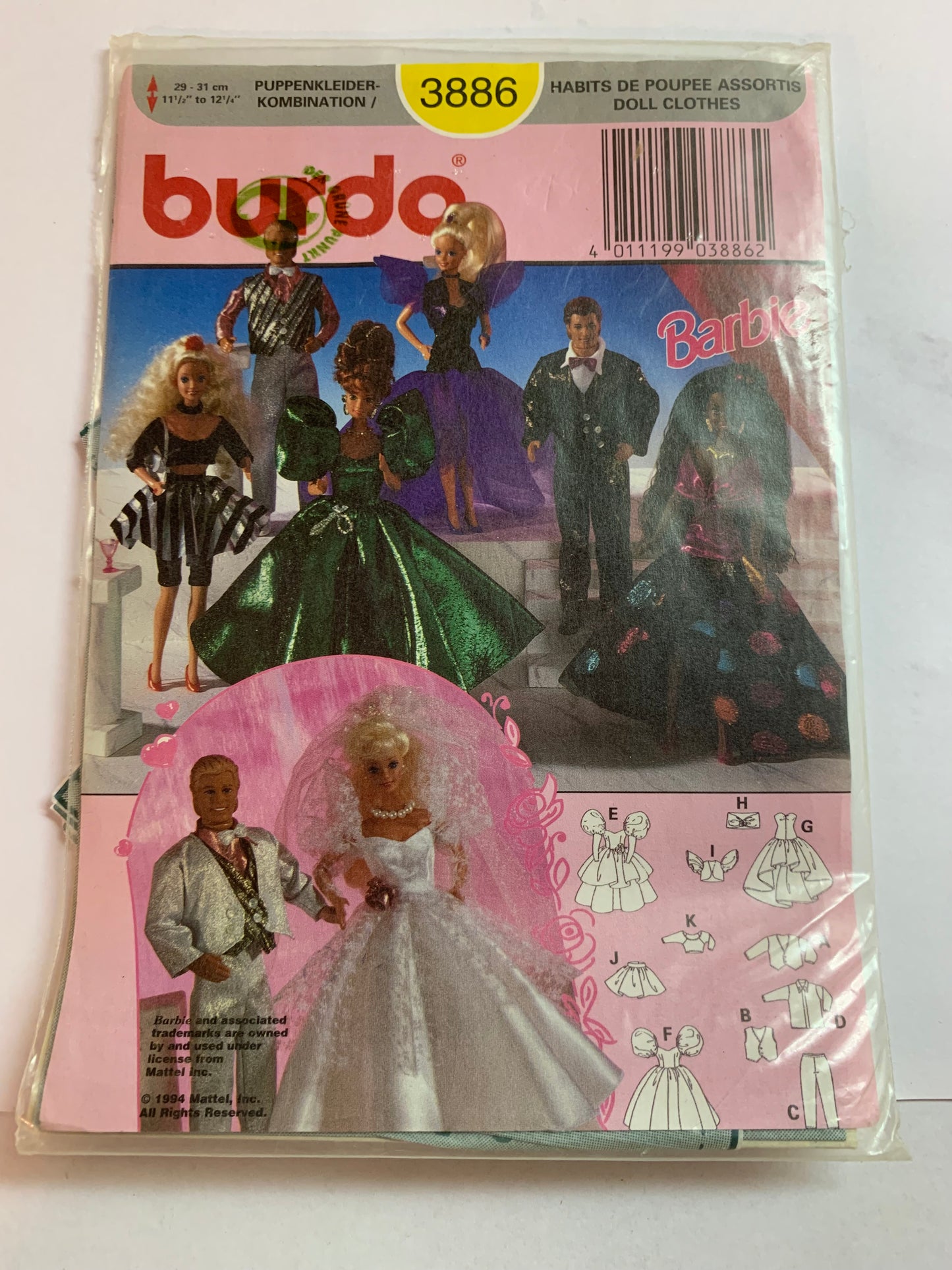Burda Sewing Pattern 3886 Doll Clothes, Dress, Pants, Halter Top, Formal, Bride, Groom, 11 1/2 Inch Doll, Vintage 1994