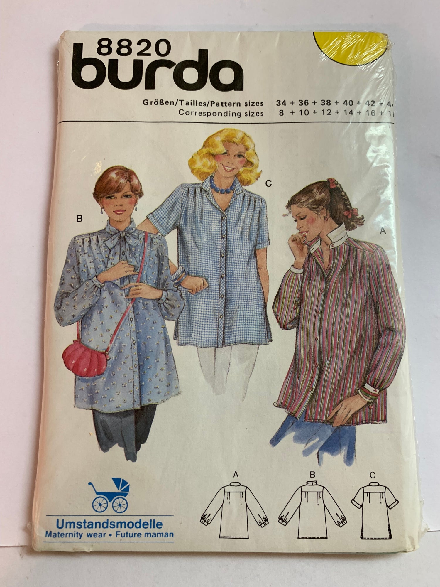 Burda Sewing Pattern 8820 Misses' Maternity Blouse, Top, Button Front, Collar, 3 Variations, Fitted, Sleeveless, Long/Short Sleeves. Size 8-18, Uncut, 2000