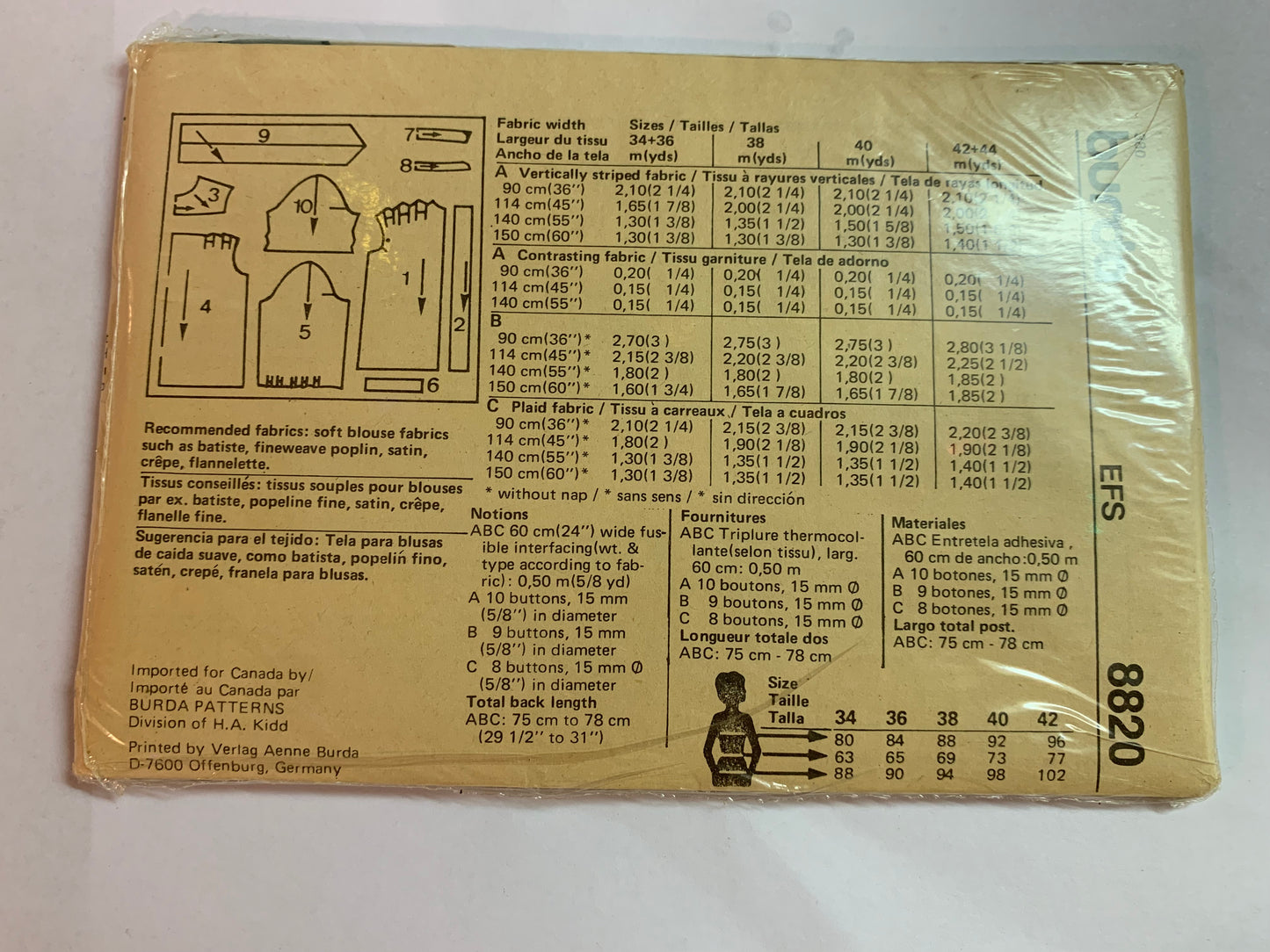 Burda Sewing Pattern 8820 Misses' Maternity Blouse, Top, Button Front, Collar, 3 Variations, Fitted, Sleeveless, Long/Short Sleeves. Size 8-18, Uncut, 2000