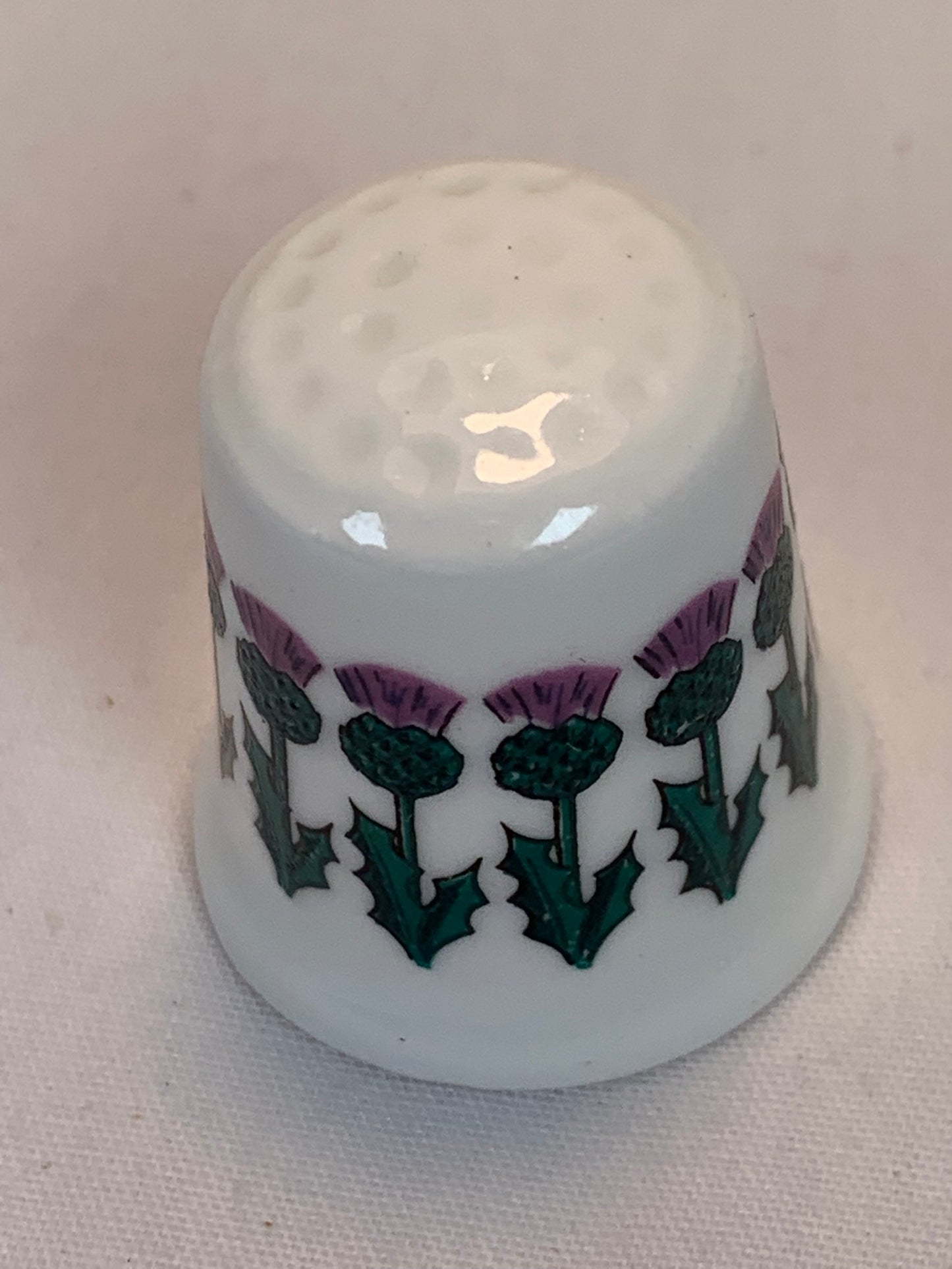 Thimble Souvenir, Gift, Balmoral, Purple Thistle Flower, Porcelain, Sewing, Gold Trim