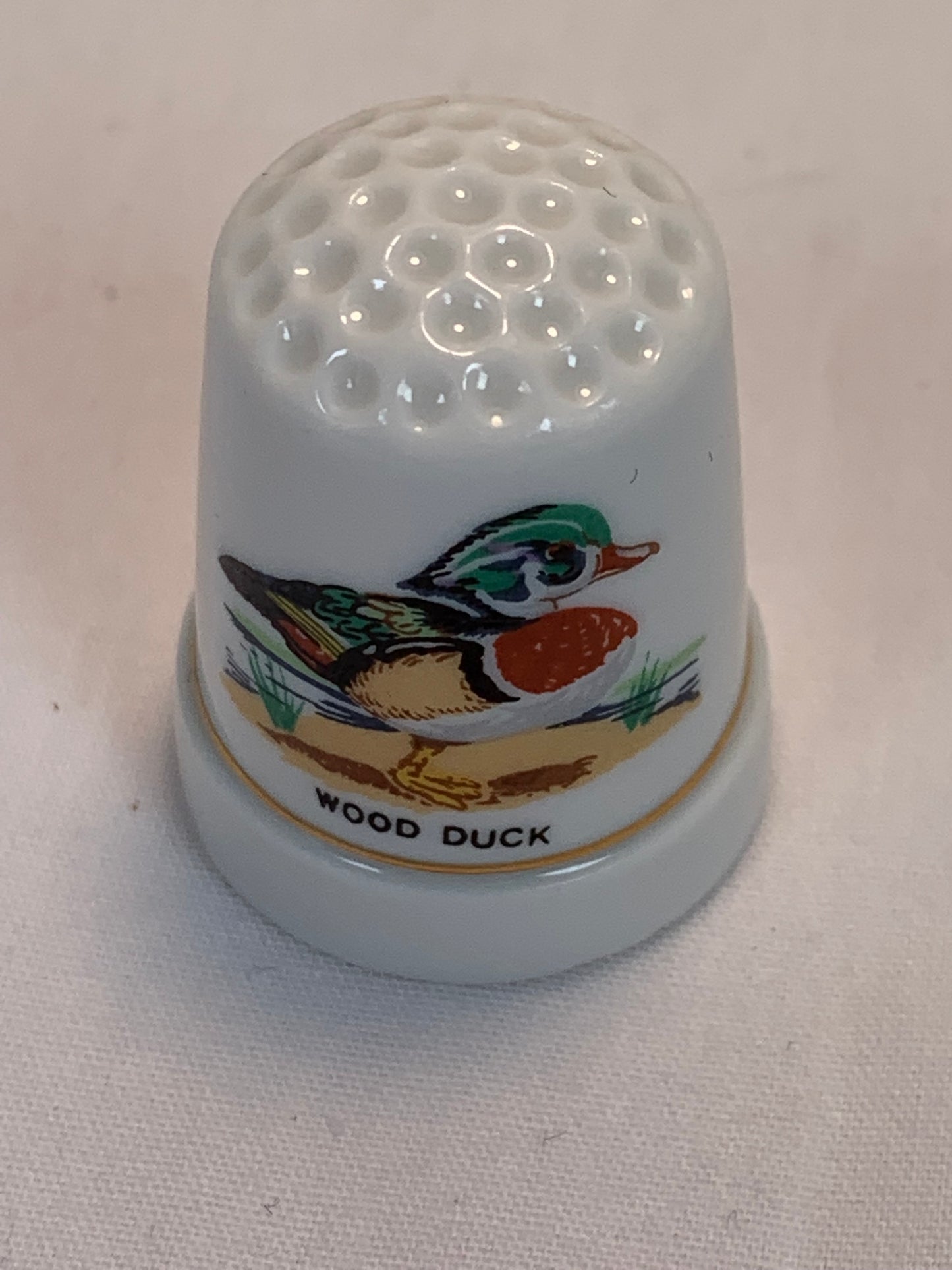Thimble Souvenir, Gift, Wood Duck, Porcelain, Sewing, Gold Trim