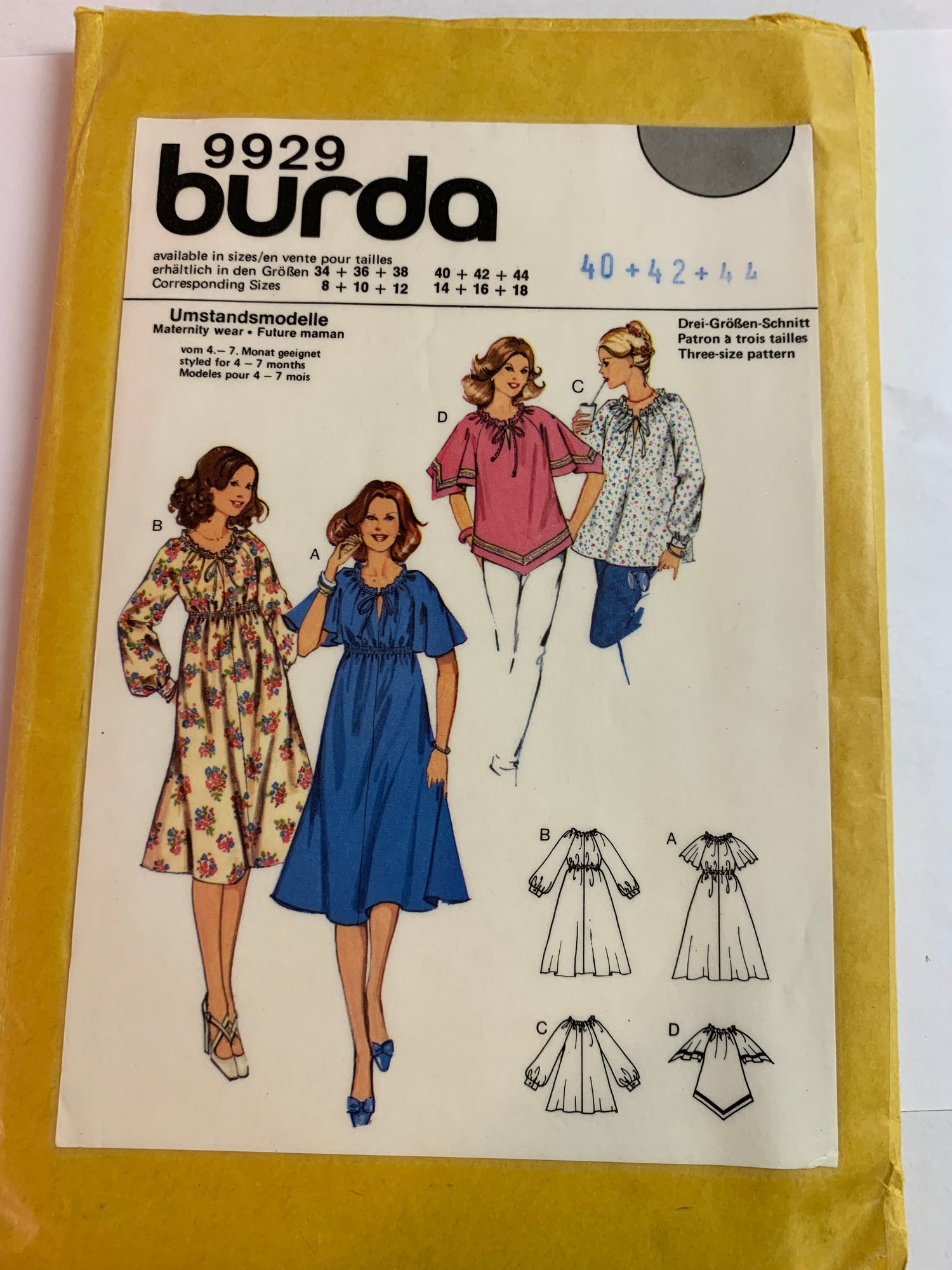 Burda Sewing Pattern 9929 Misses' Maternity Blouse, Top, Dress, Elastic Waist, 4 Variations, Long/Short Sleeves, Size 40-44, Uncut, 2000