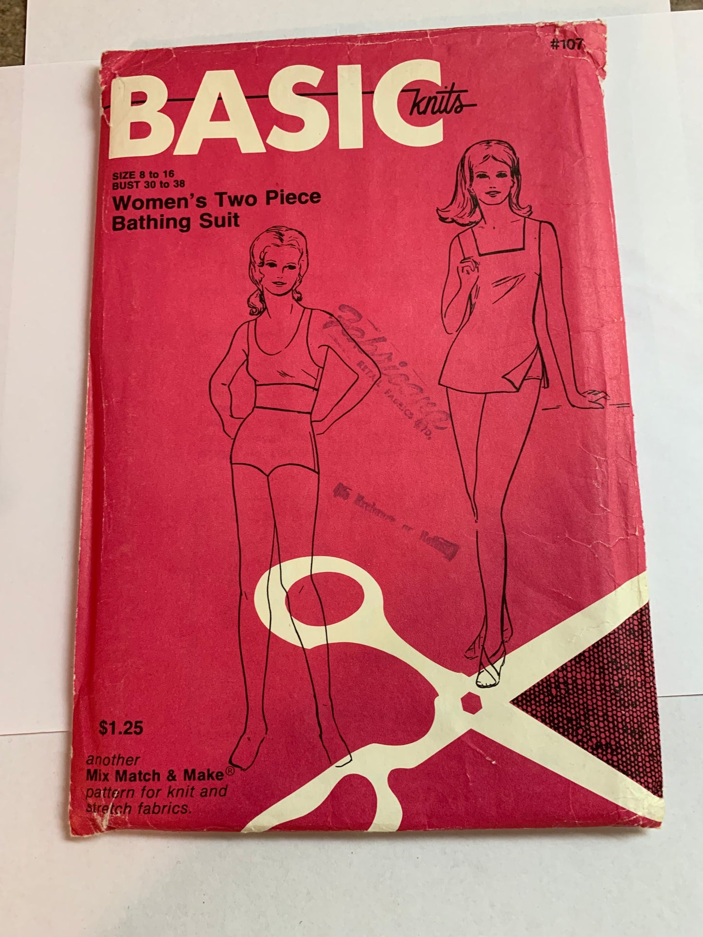 Basic Knits Sewing Pattern 107 Women's Two Piece Bathing Suit, Top, Bottoms, Cover, Size 8-16, Uncut, Vintage 1971