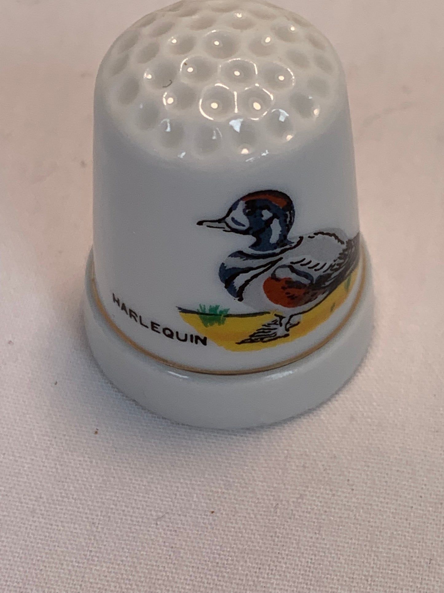 Thimble Souvenir, Gift, Harlequin Duck, Porcelain, Sewing, Gold Trim