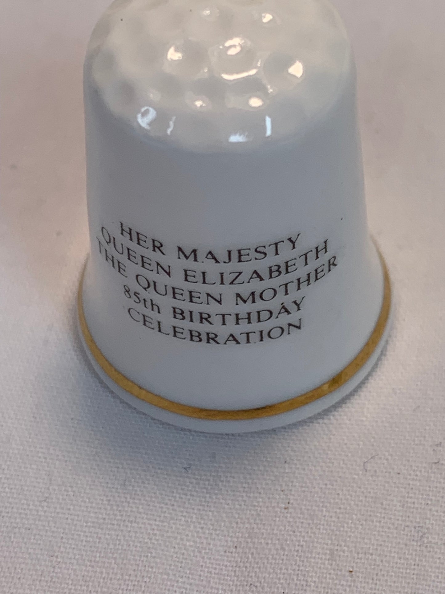 Thimble Souvenir, Gift, Queen Mother, 85th Birthday, Porcelain, Sewing, Gold Trim, Bone China