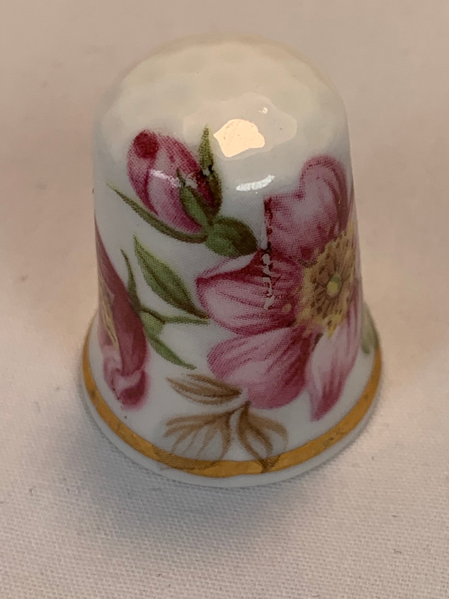 Thimble Souvenir, Gift, Three Hills, Alberta, Wild Rose, Porcelain, Sewing, Gold Trim