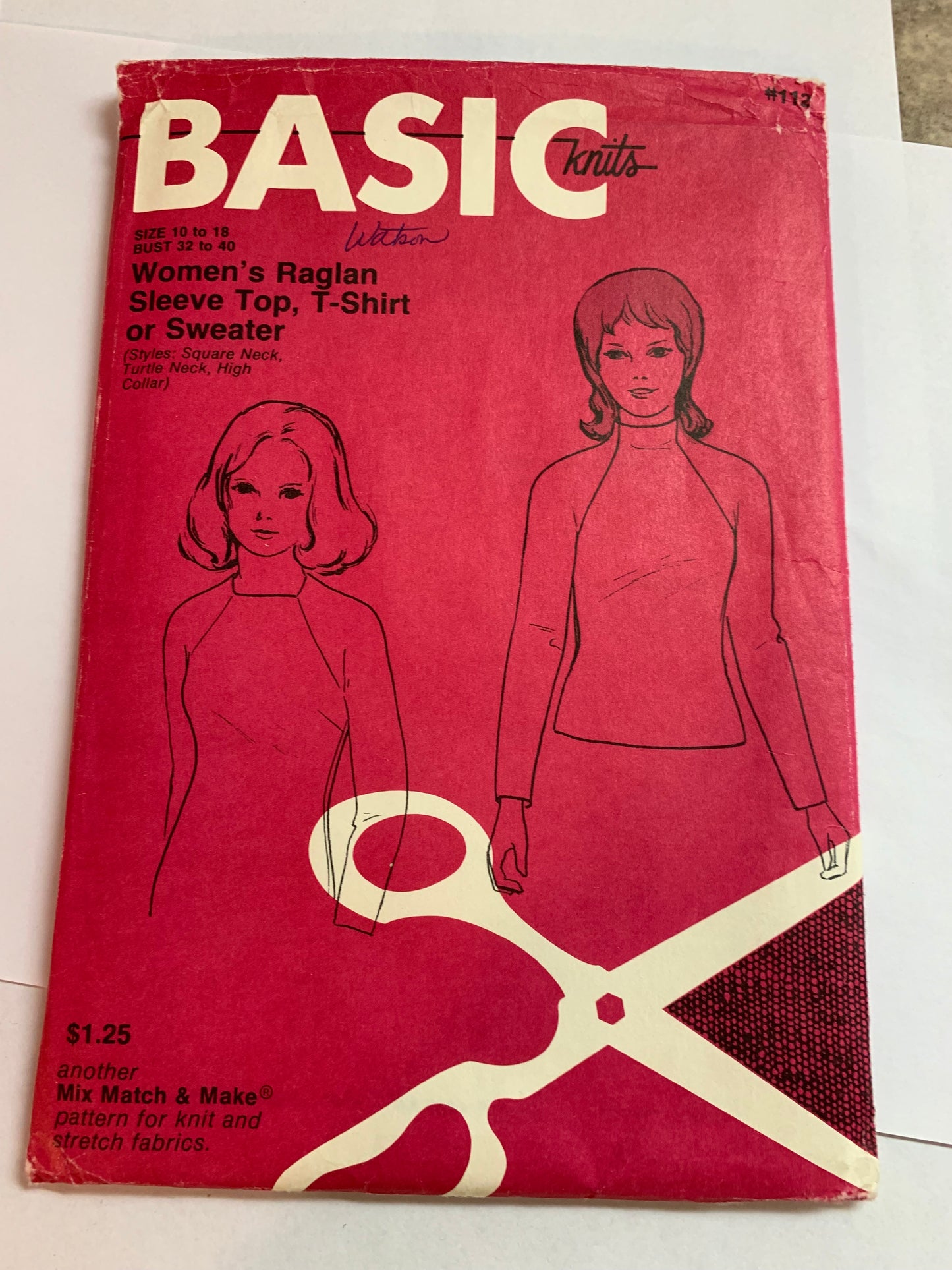 Basic Knits Sewing Pattern 112 Women's Long Raglan Sleeve Top, T-Shirt, Sweater, Pullover, Turle Neck, Size 10-18, Uncut, Vintage 1971