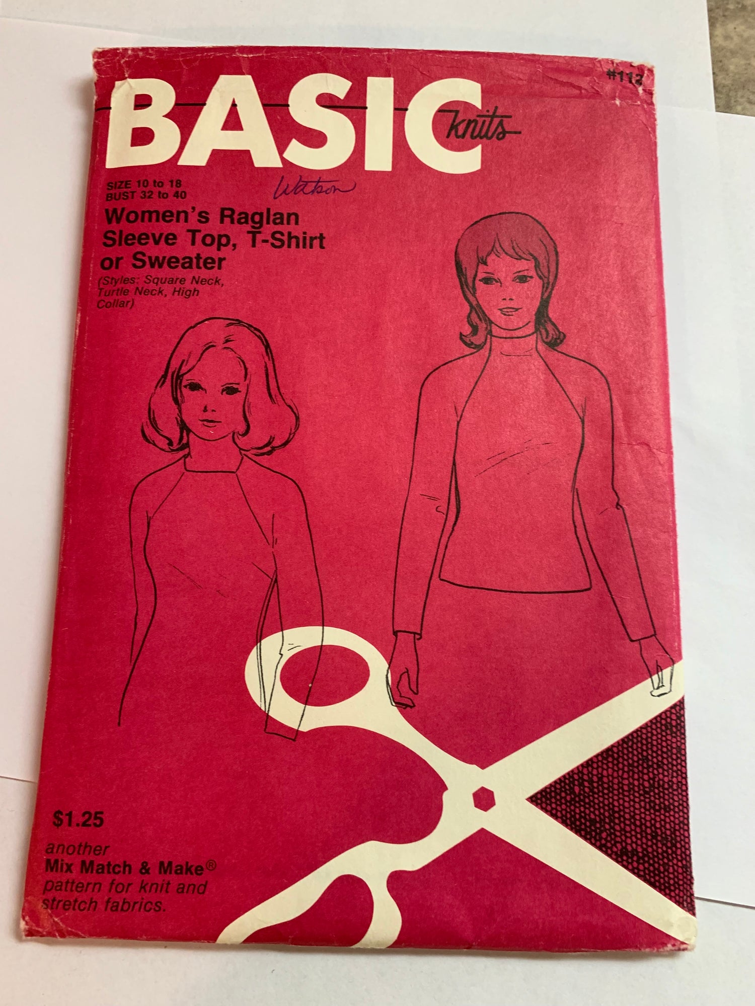 Basic Knits Sewing Pattern 112 Women's Long Raglan Sleeve Top, T-Shirt, Sweater, Pullover, Turle Neck, Size 10-18, Uncut, Vintage 1971