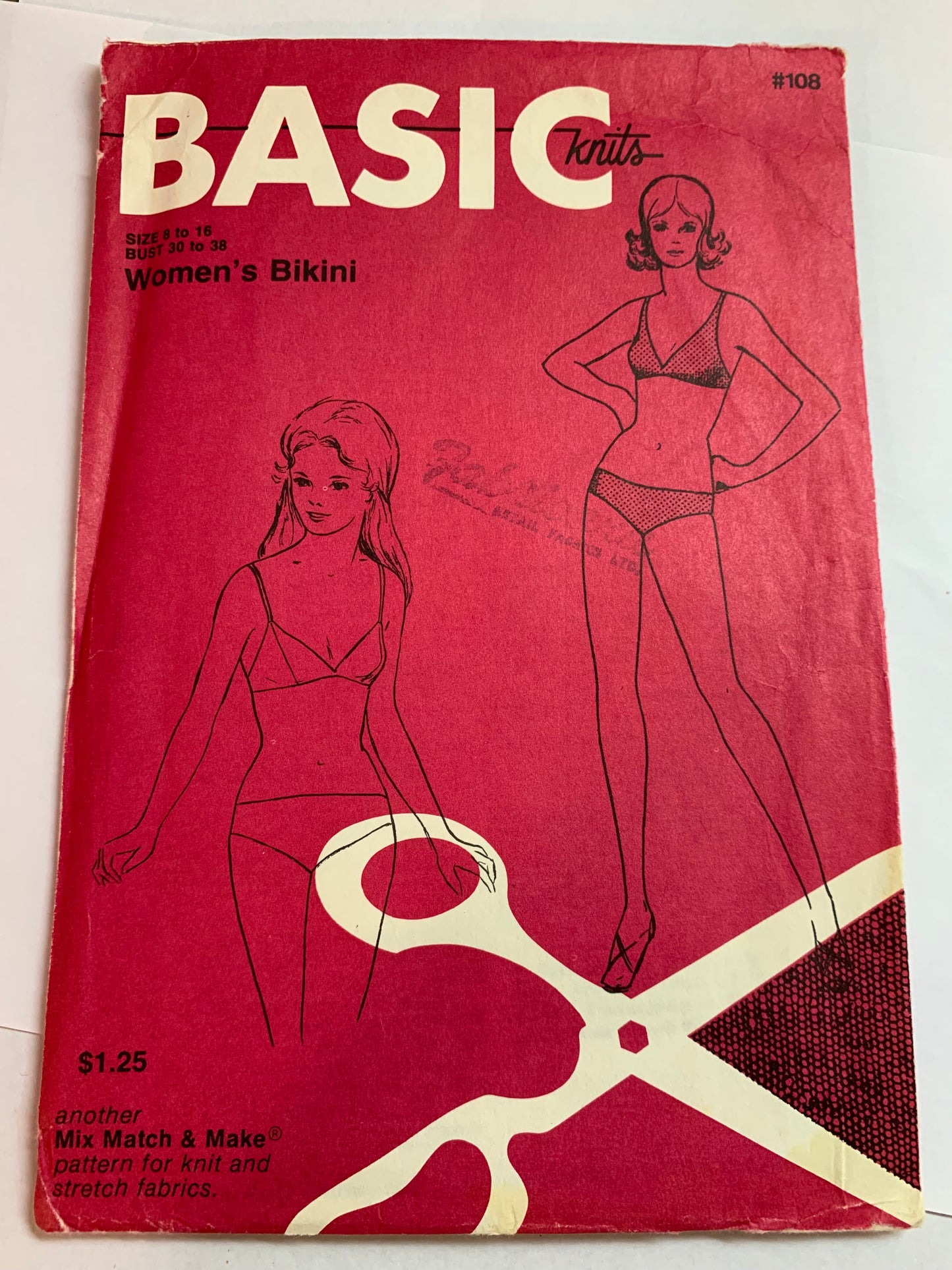 Basic Knits Sewing Pattern 108 Women's Two Piece Bathing Suit, Top, Bottoms, Bikini, Size 8-16, Uncut, Vintage 1971