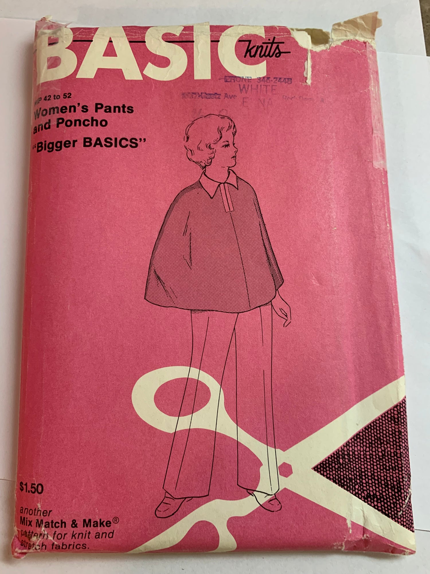 Basic Knits Sewing Pattern 803 Women's Pants, Poncho, Pullover, Flared Leg, Size 10-18, Uncut, Vintage 1972