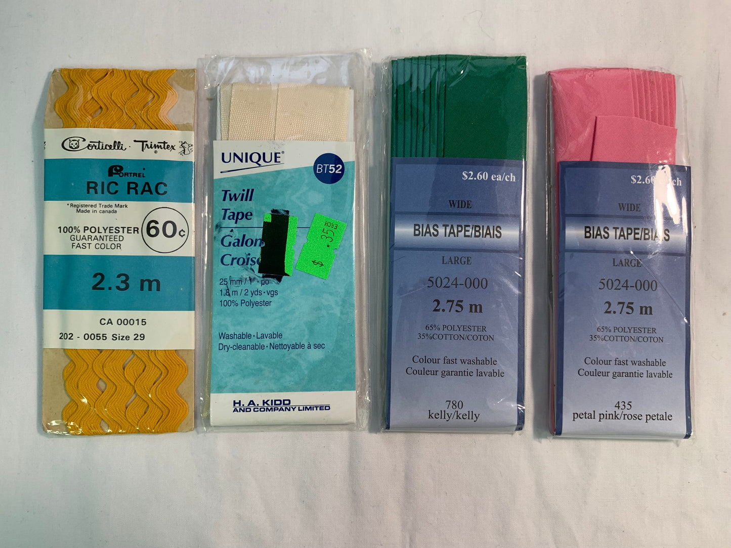 Bias Tape, Twill Tape, Rick Rack, New/Old Stock, Vintage, Green, Pink, Orange, White, Cream, Yellow, Brown, Scrapbooking, Junk Journals, Crafts, Sewing, (A-3)