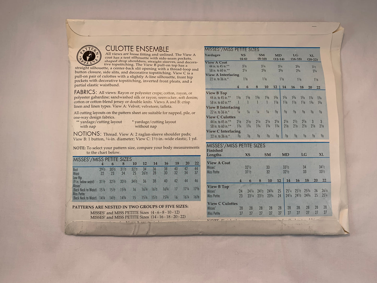 Sewing Step-By-Step Culotte Ensemble, Category 4 Cards 112-116, Size 4-22, Uncut, Vintage 1994