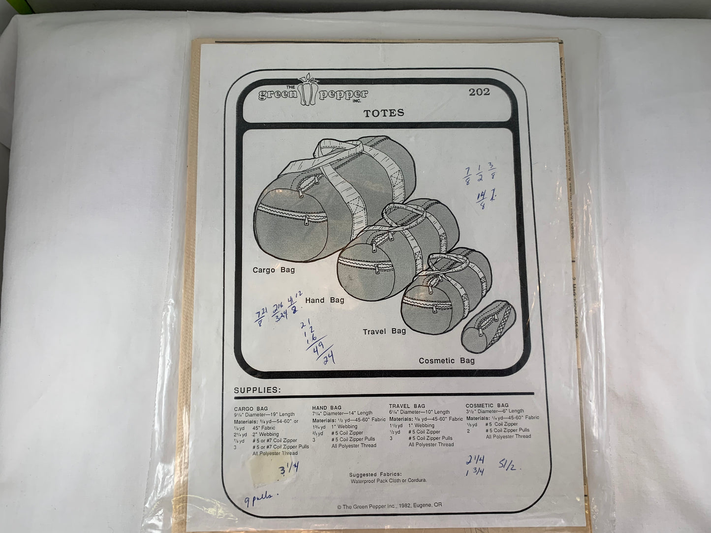 The Green Pepper Pattern For Totes, Cargo Bag, Hand Bag, Travel Bag, Cosmetic Bag, 1982, Uncut, Zippers, Shoulder Straps, 19-6 inch Lengths