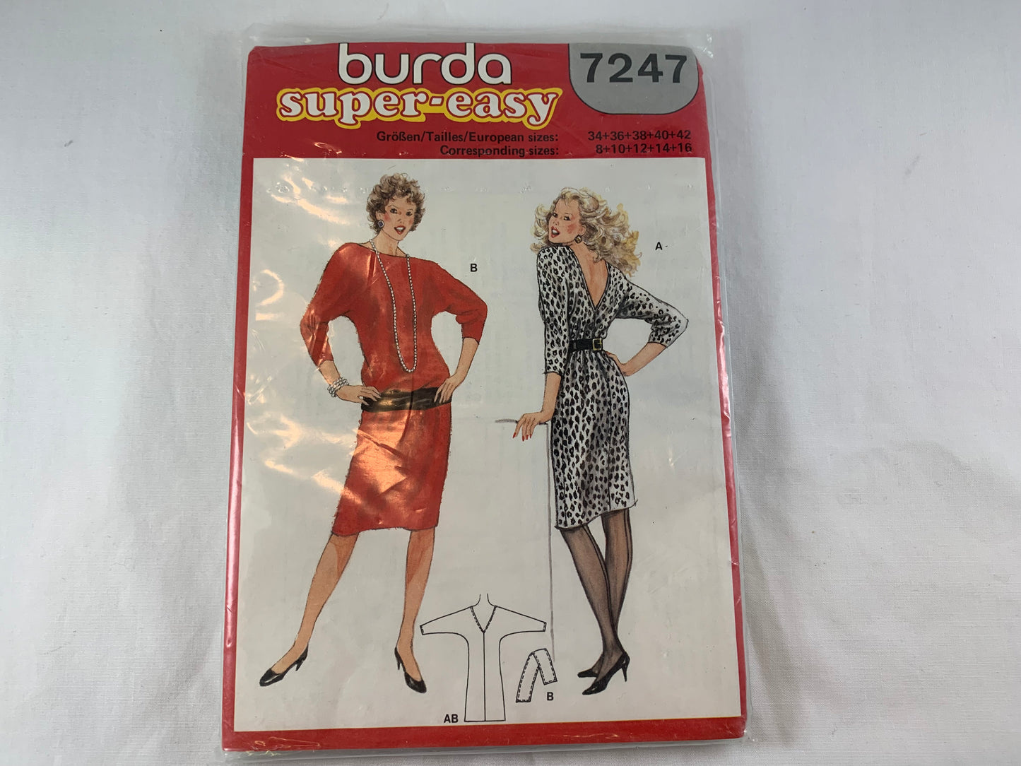 Burda Sewing Pattern 7247 Misses' Dress, Long Raglan Sleeves, Sash, Pullover, Size 34-42, Uncut, 2000