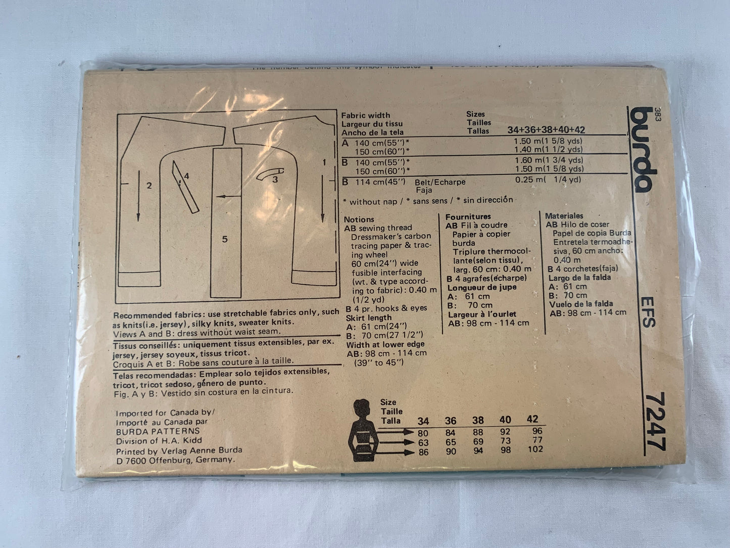 Burda Sewing Pattern 7247 Misses' Dress, Long Raglan Sleeves, Sash, Pullover, Size 34-42, Uncut, 2000