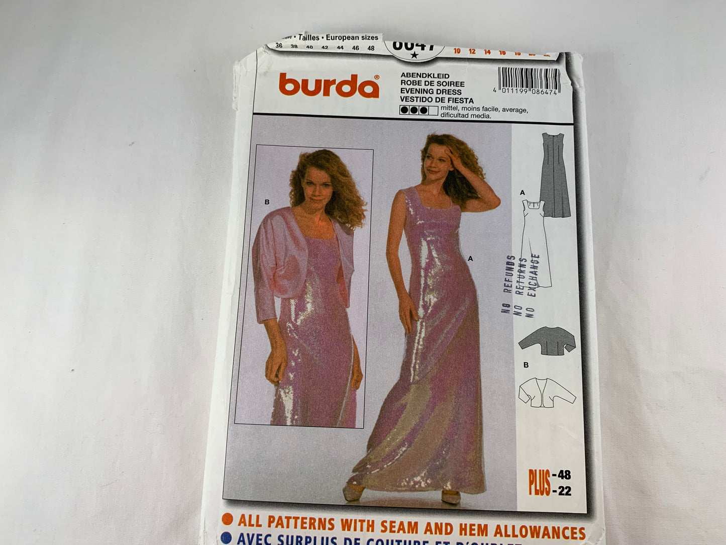 Burda Sewing Pattern 8647 Misses' Evening Dress, Jacket, Bolero, Sleeveless, Floor Length, Size 10-22, Cut, 2015