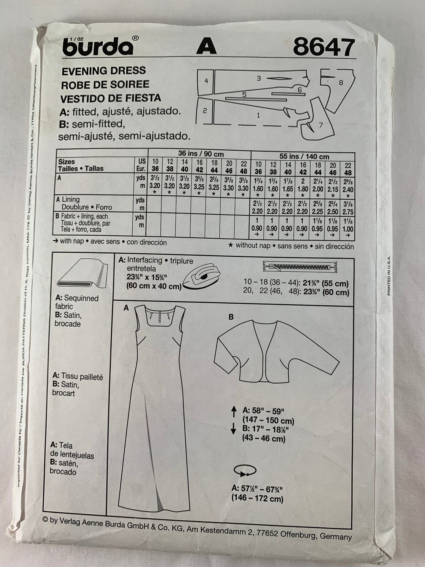 Burda Sewing Pattern 8647 Misses' Evening Dress, Jacket, Bolero, Sleeveless, Floor Length, Size 10-22, Cut, 2015