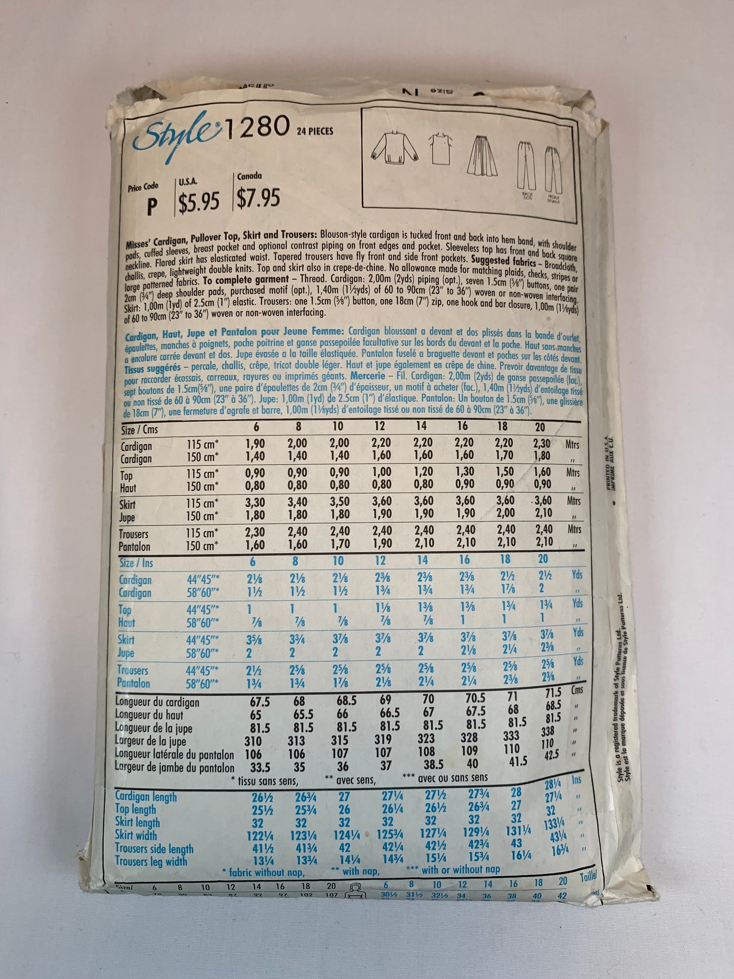 Style Sewing Pattern 1280 Misses' Top, Skirt, Jacket, Cardigan, Pants, Pullover, Long Sleeves, Sleeveless, Elastic Waist, Size 10-14, Cut, Vintage 1988