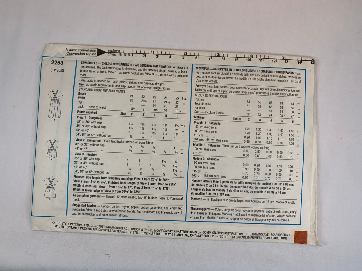 Style 2263 Girls' Boys' Dungarees, Coveralls, Jumper, Pinafore, Size 5, Cut, Vintage 1978