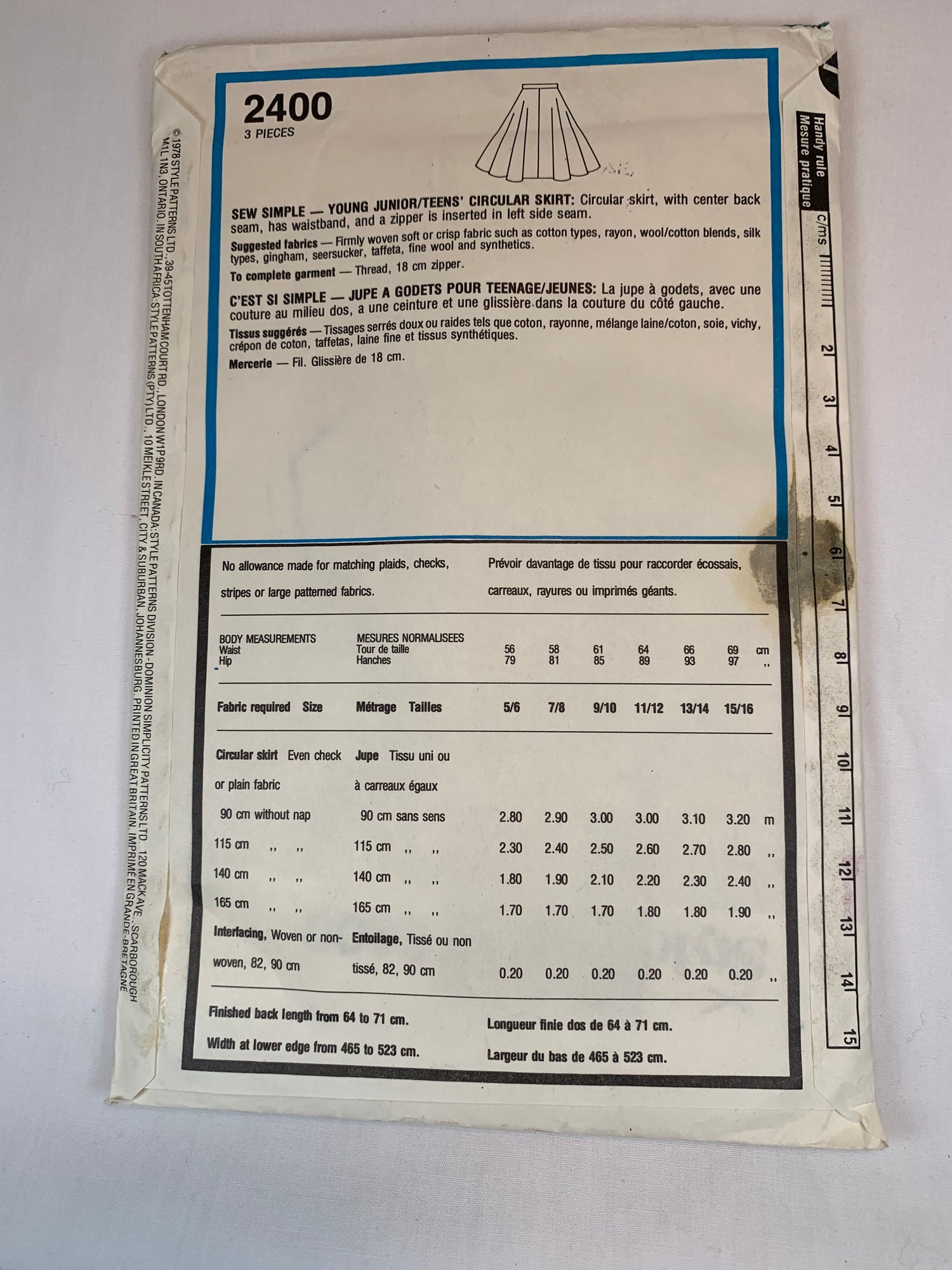 Style 2400 Girls' Circular Skirt, Size 11-14, Cut, Vintage 1978