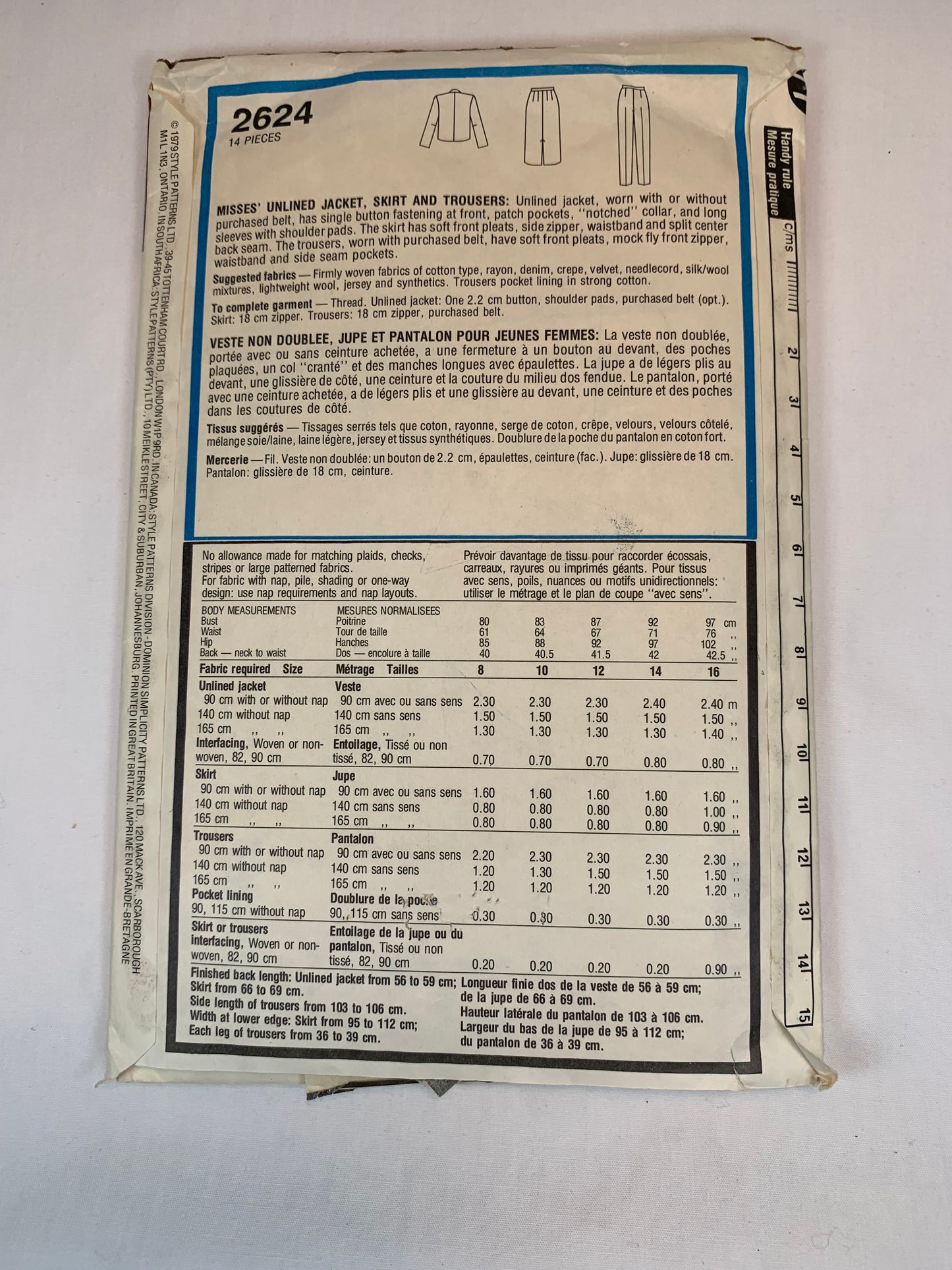 Style 2624 Misses' Trousers, Pants, Unlined Jacket, Skirt, Size 12, Cut, Vintage 1979