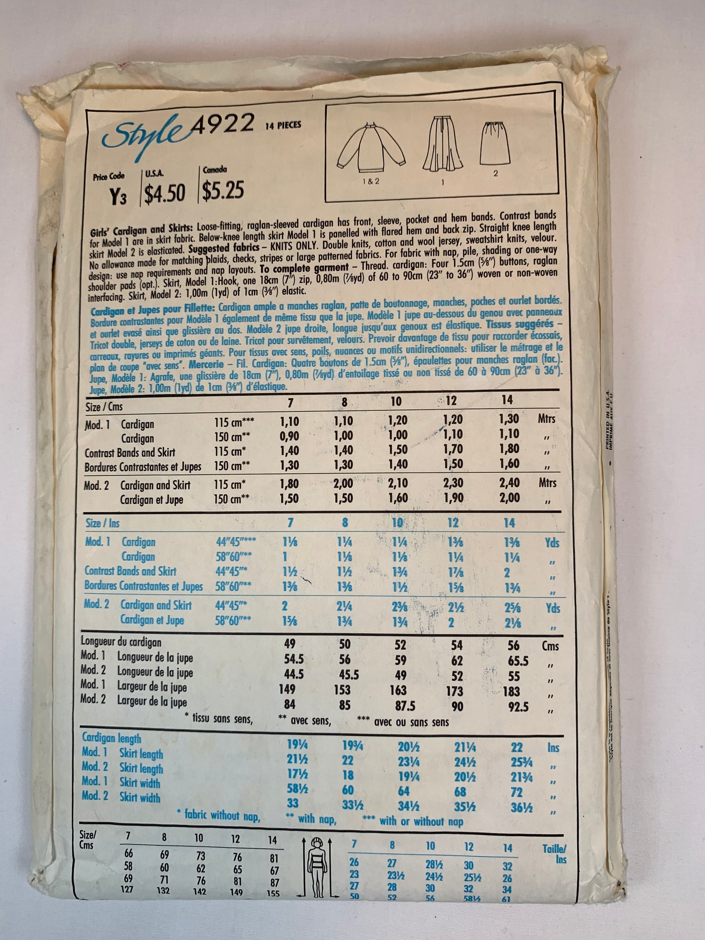 Style Sewing Pattern 4922 Misses' Skirt, Jacket, Cardigan, Pockets, Longs Sleeves, Two Lengths, Size 7-10, Cut, Vintage 1988